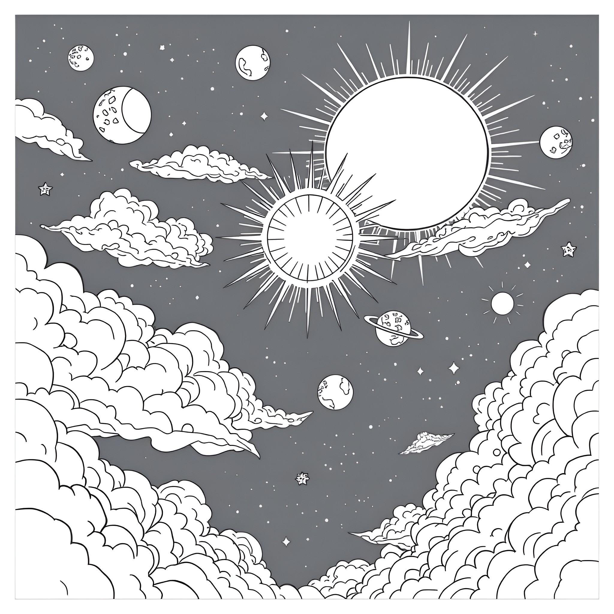 Sun and Moon shining in the starry night sky Coloring Page (free black-and-white line drawing printable PDF for all, from beginners to advanced learners, including children, teens, adults, and seniors)