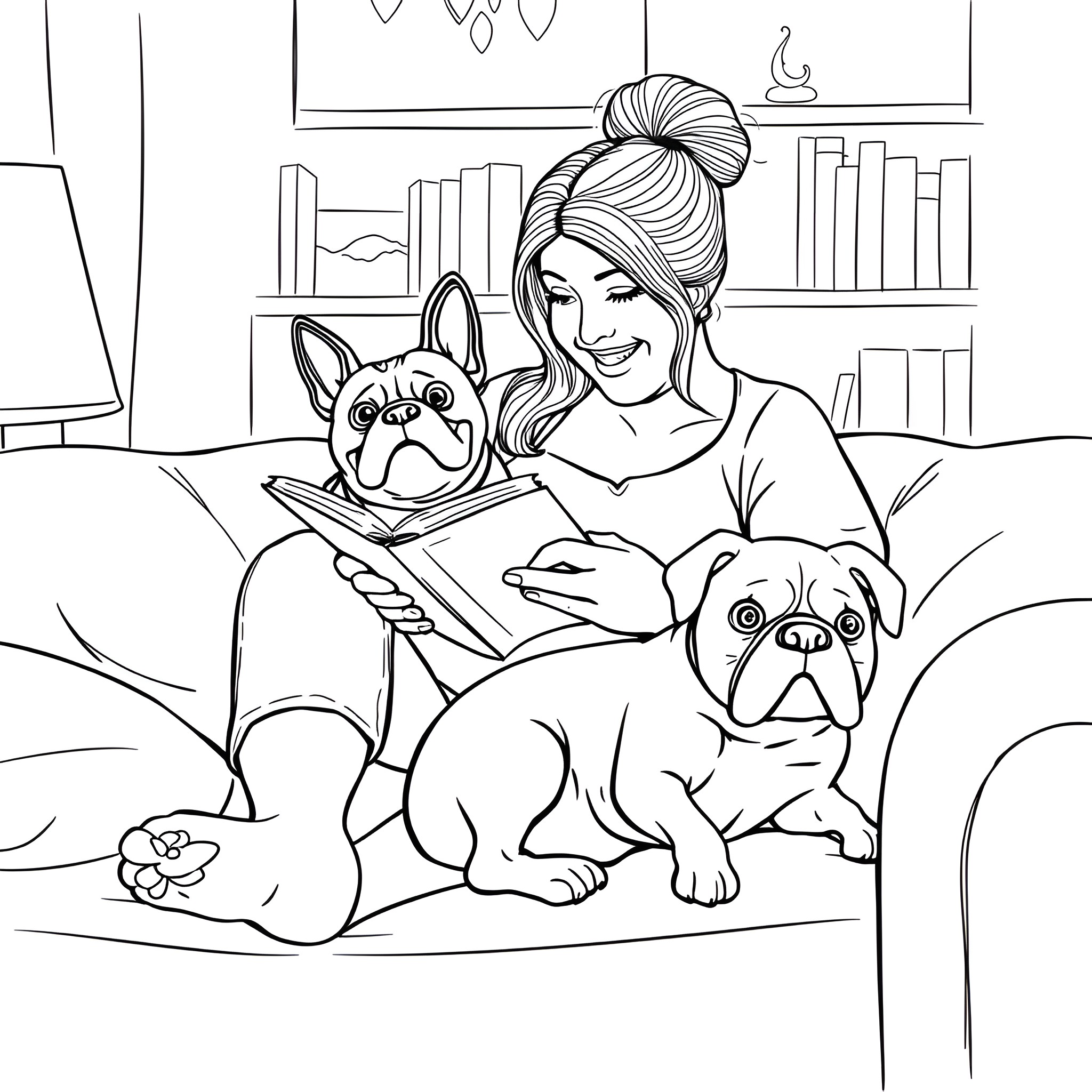 Woman reading with her pet dogs Coloring Page (free black-and-white line drawing printable PDF for all, from beginners to advanced learners, including children, teens, adults, and seniors)
