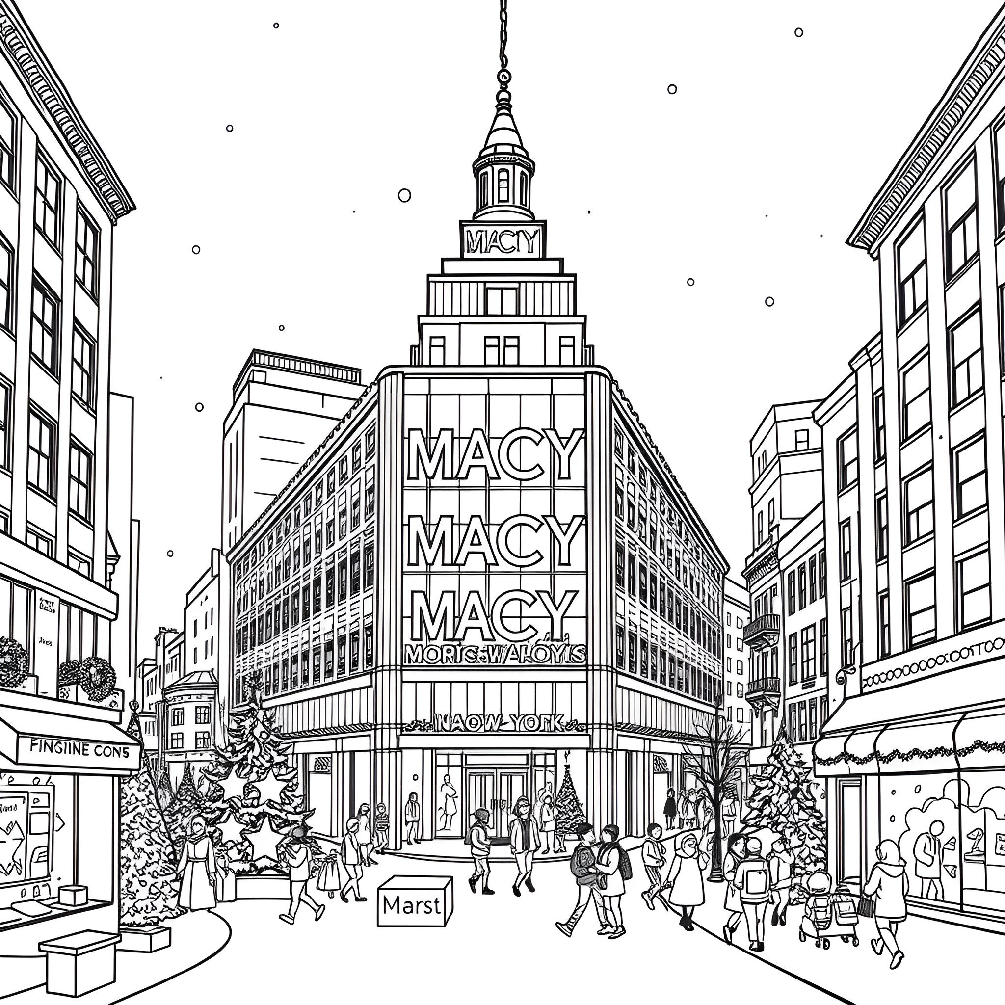 Ornament of a Busy City Street with Macy's Department Store Coloring Page (free black-and-white line drawing printable PDF for all, from beginners to advanced learners, including children, teens, adults, and seniors)