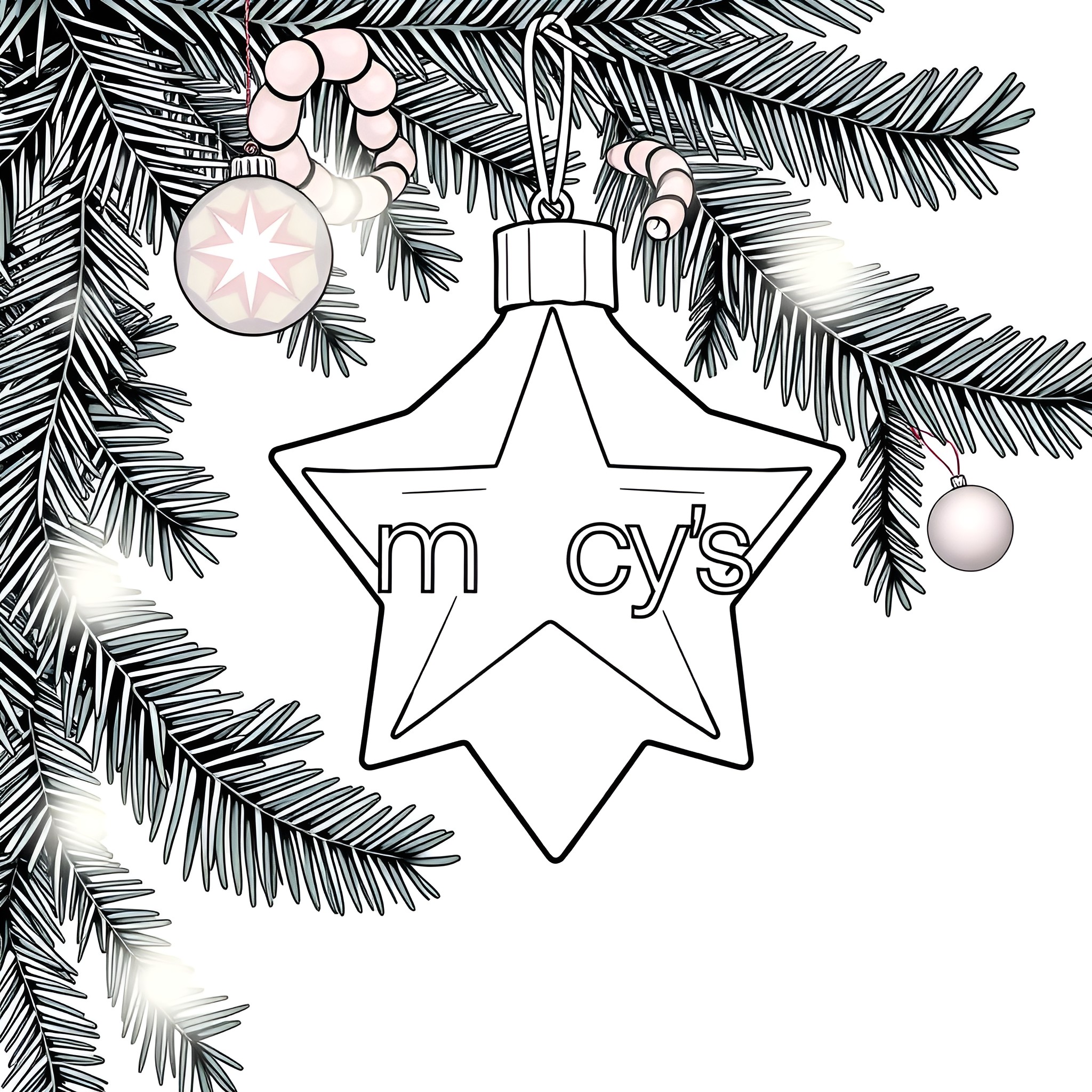 Star decoration on Christmas tree with pine branches Coloring Page (free black-and-white line drawing printable PDF for all, from beginners to advanced learners, including children, teens, adults, and seniors)