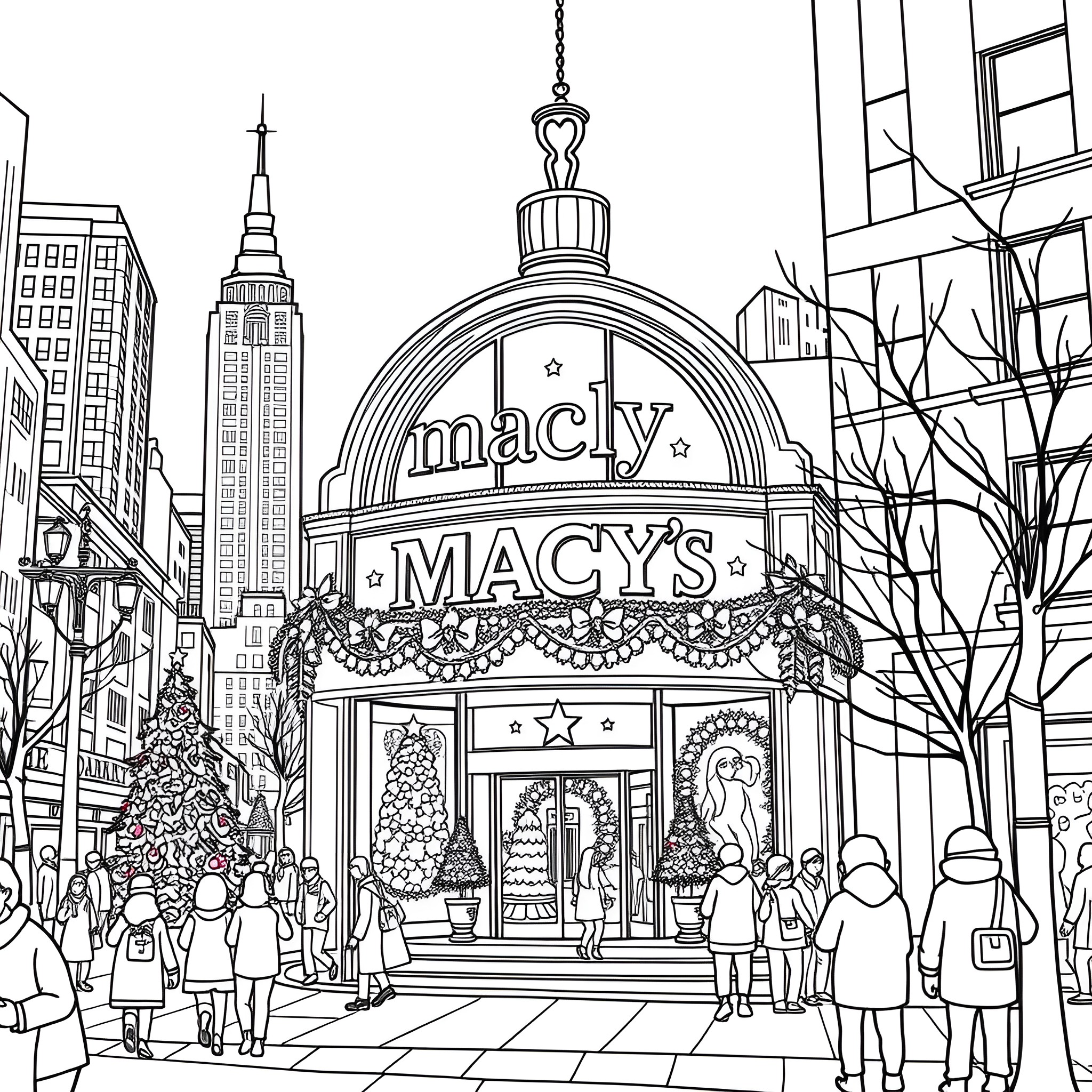 New York Ornament: Festive Macy's Storefront in the City Coloring Page (free black-and-white line drawing printable PDF for all, from beginners to advanced learners, including children, teens, adults, and seniors)