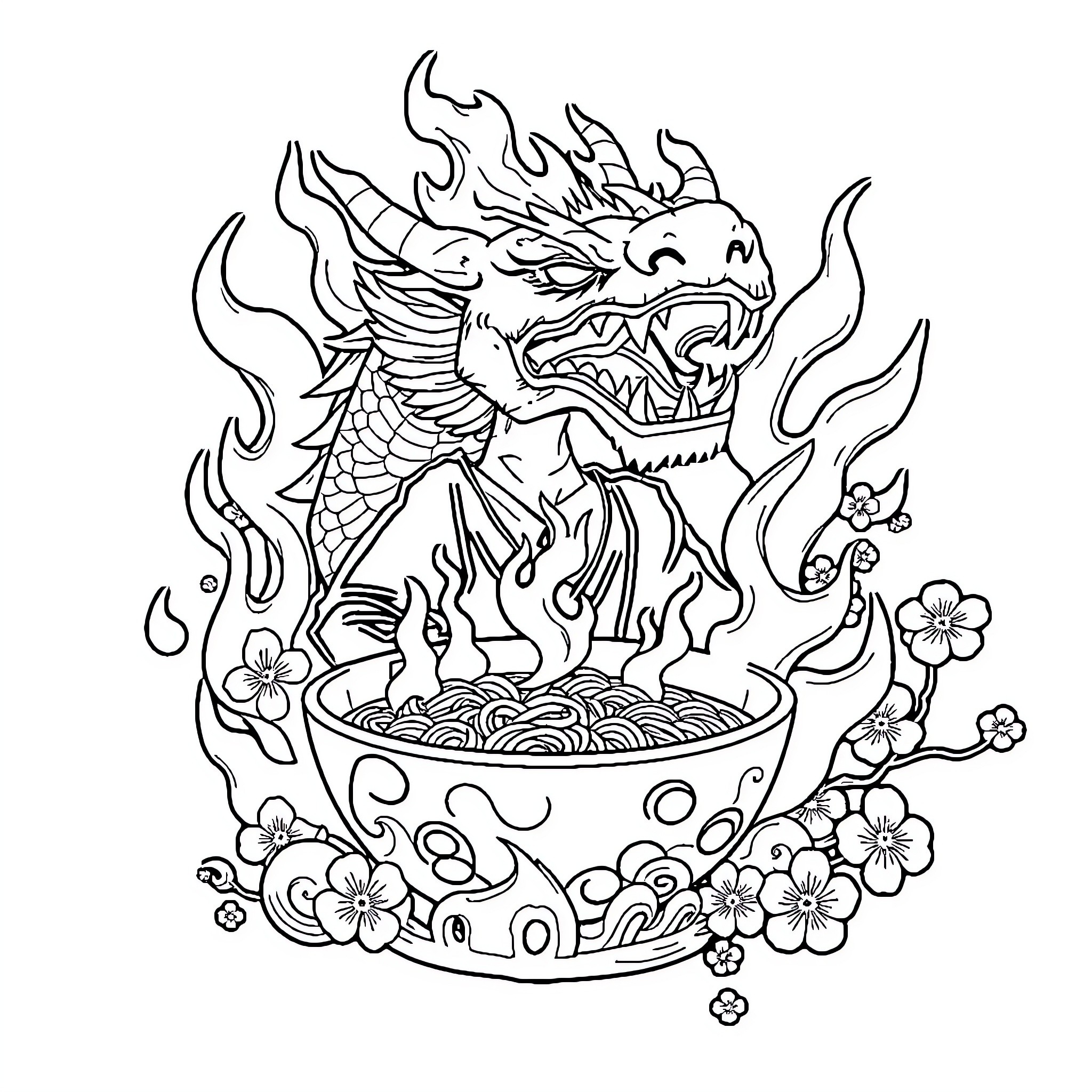 Tenjiro's Fiery Dragon Emerging from Floral Bowl Coloring Page (free black-and-white line drawing printable PDF for all, from beginners to advanced learners, including children, teens, adults, and seniors)