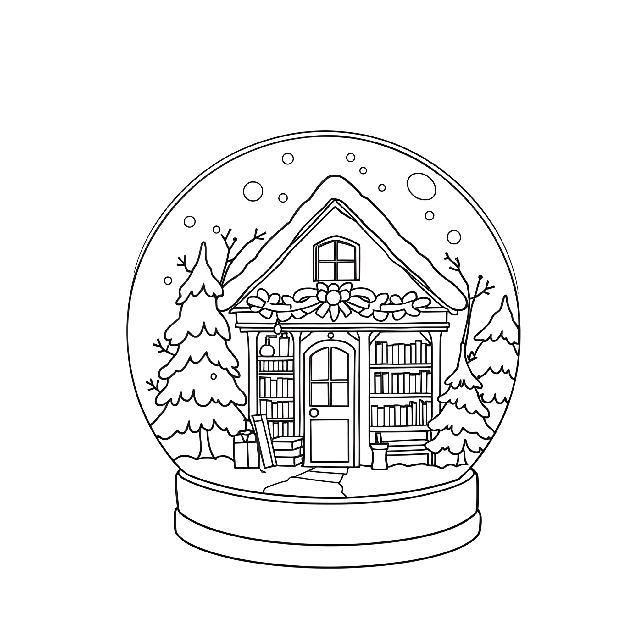 Snow Globe with Cozy Cabin in Winter Wonderland Coloring Page (free black-and-white line drawing printable PDF for all, from beginners to advanced learners, including children, teens, adults, and seniors)