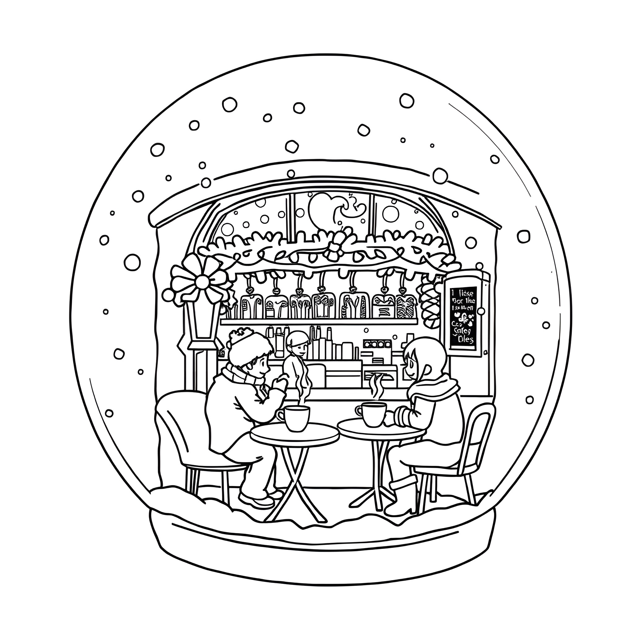 Snow Globe of people enjoying coffee in a cozy cafe Coloring Page (free black-and-white line drawing printable PDF for all, from beginners to advanced learners, including children, teens, adults, and seniors)