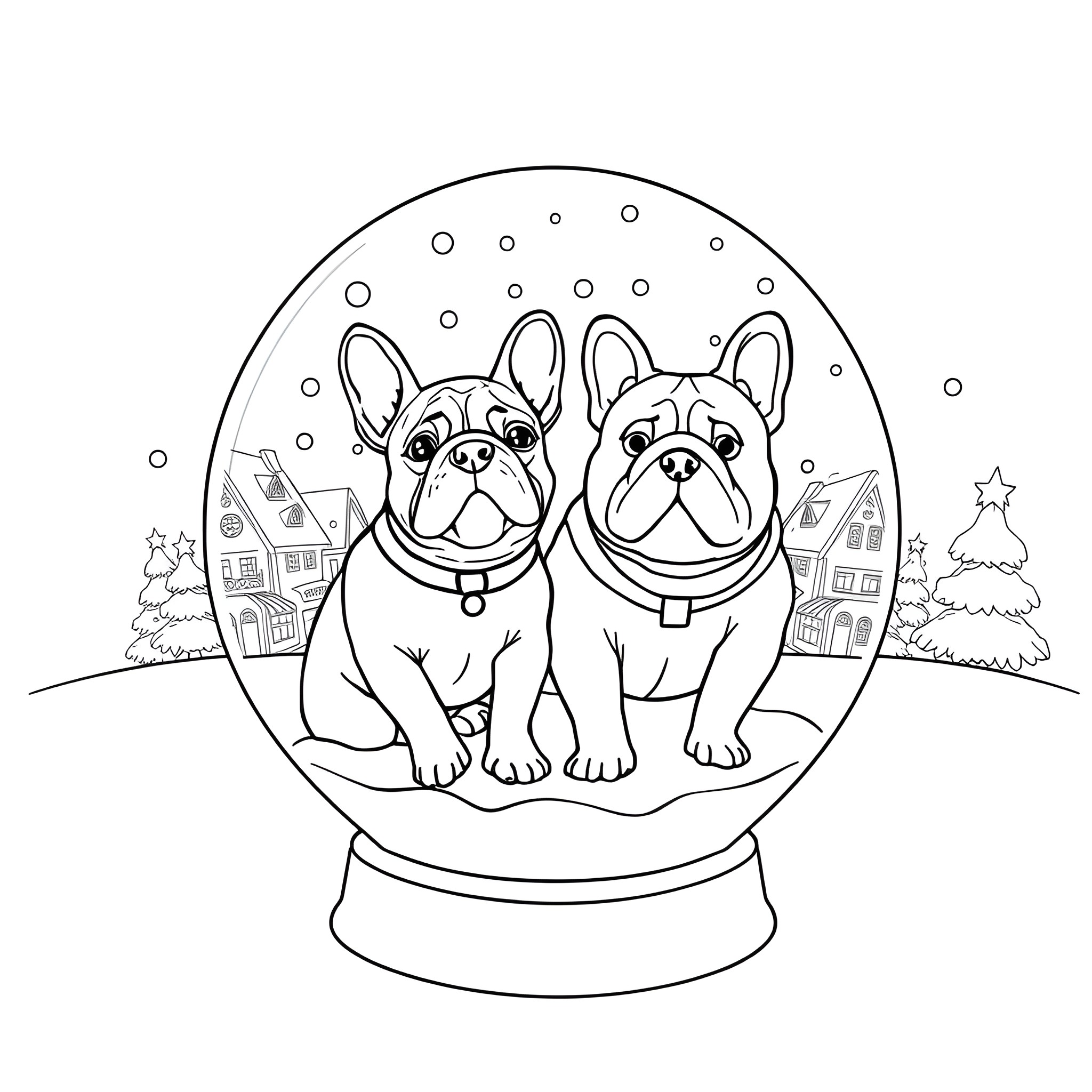 Bulldog puppies in a snow globe Coloring Page (free black-and-white line drawing printable PDF for all, from beginners to advanced learners, including children, teens, adults, and seniors)