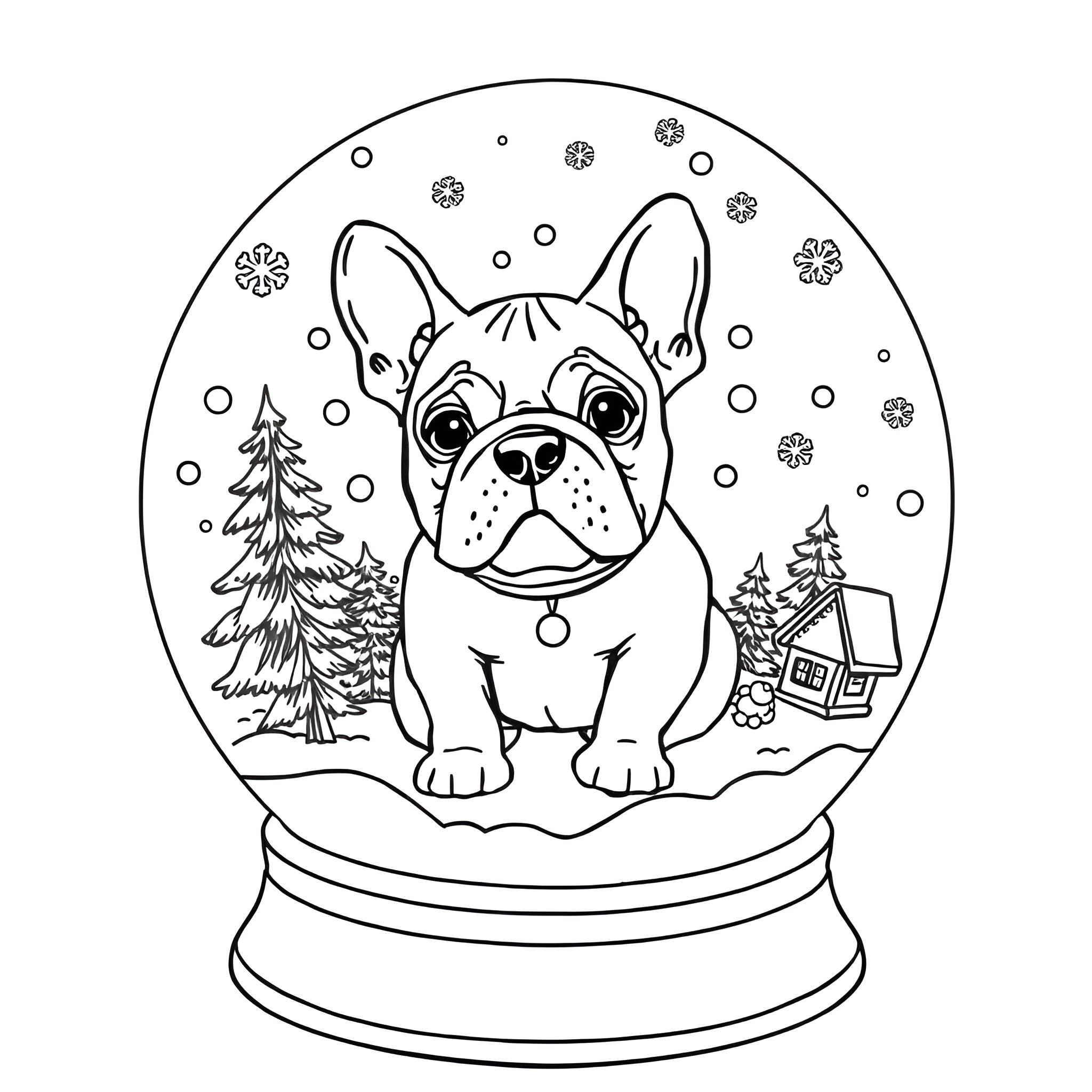 Snow Globe with Puppy in Winter Scene Coloring Page (free black-and-white line drawing printable PDF for all, from beginners to advanced learners, including children, teens, adults, and seniors)