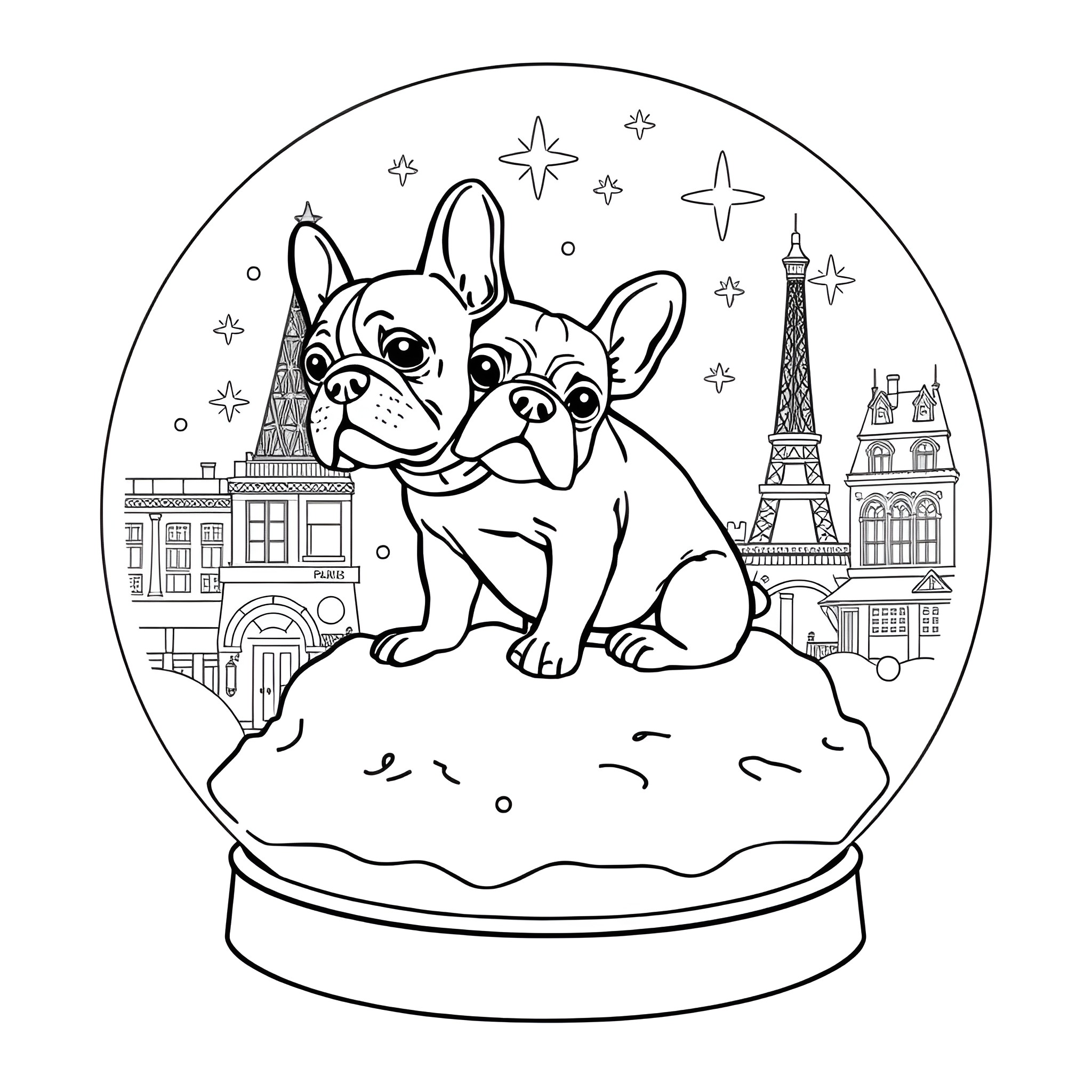 Snow Globe with French Bulldogs in Paris Coloring Page (free black-and-white line drawing printable PDF for all, from beginners to advanced learners, including children, teens, adults, and seniors)