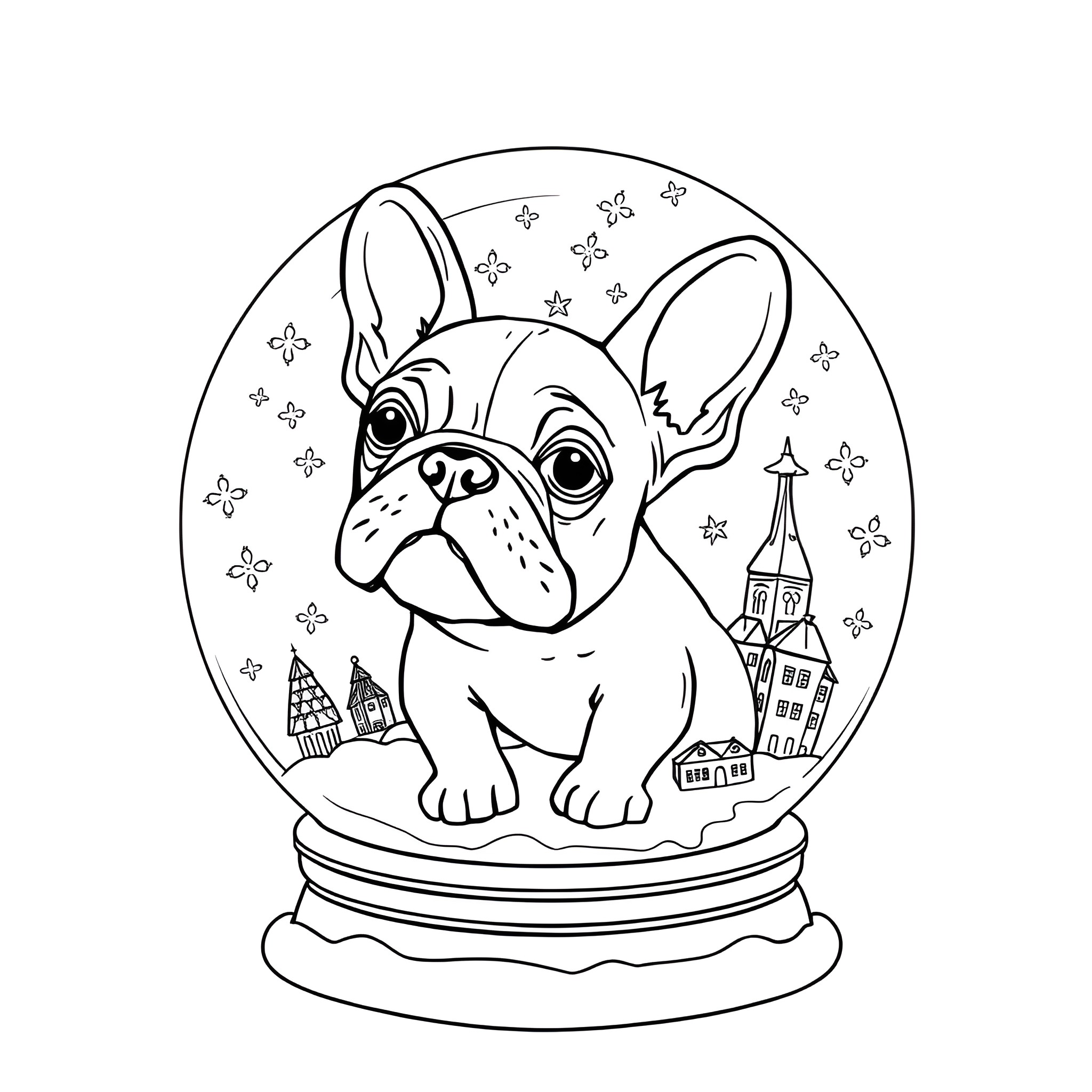 Snow Globe with Playful French Bulldog Coloring Page (free black-and-white line drawing printable PDF for all, from beginners to advanced learners, including children, teens, adults, and seniors)