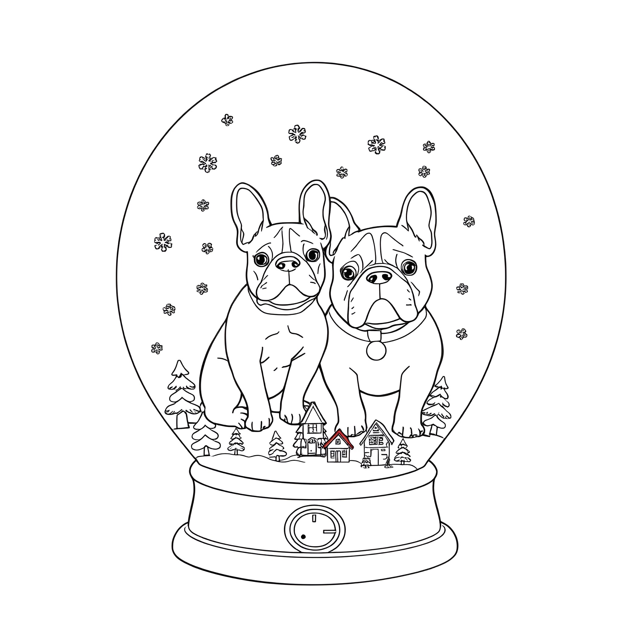 Bulldog friends in snow globe Coloring Page (free black-and-white line drawing printable PDF for all, from beginners to advanced learners, including children, teens, adults, and seniors)
