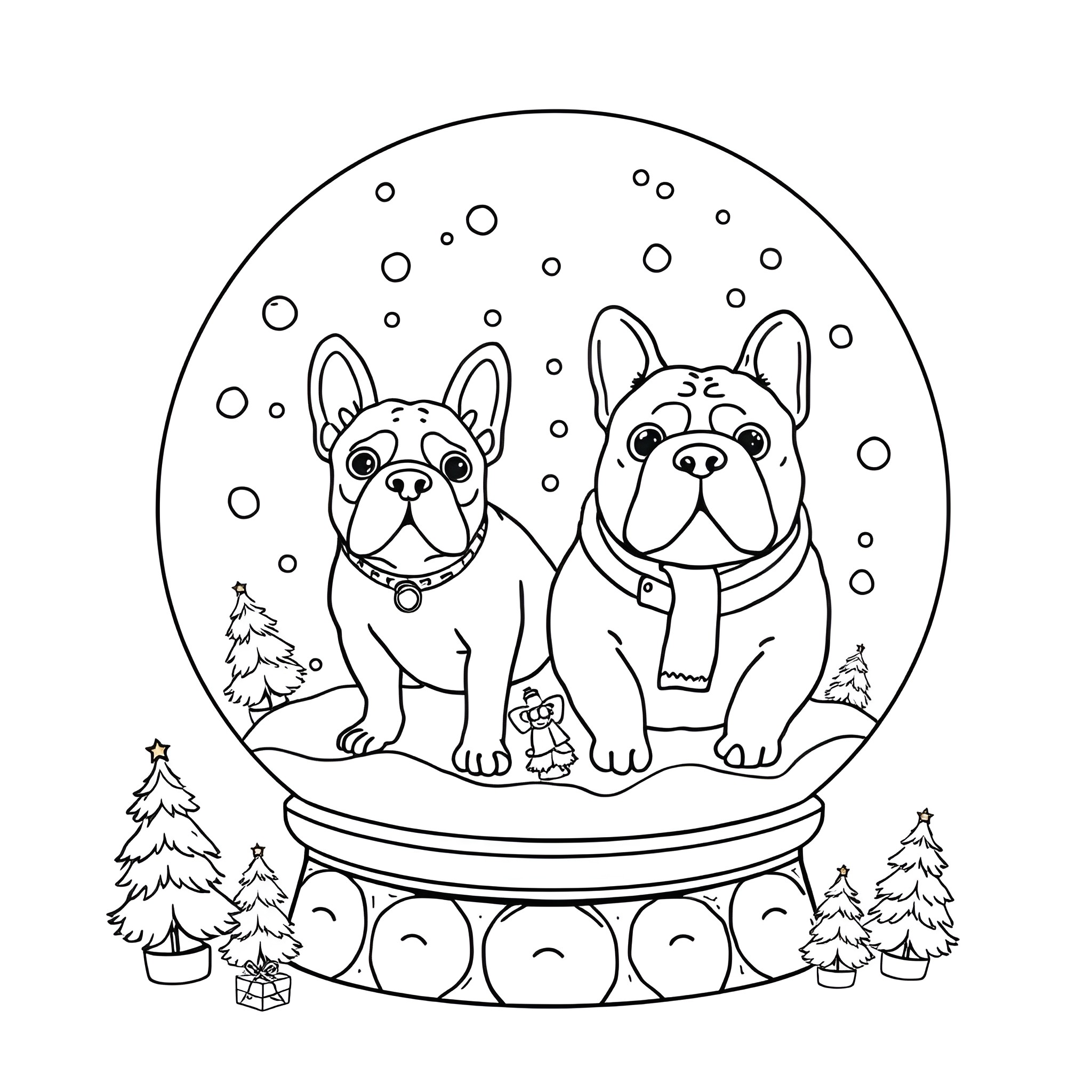 Bulldog buddies in a snowy snowglobe Coloring Page (free black-and-white line drawing printable PDF for all, from beginners to advanced learners, including children, teens, adults, and seniors)