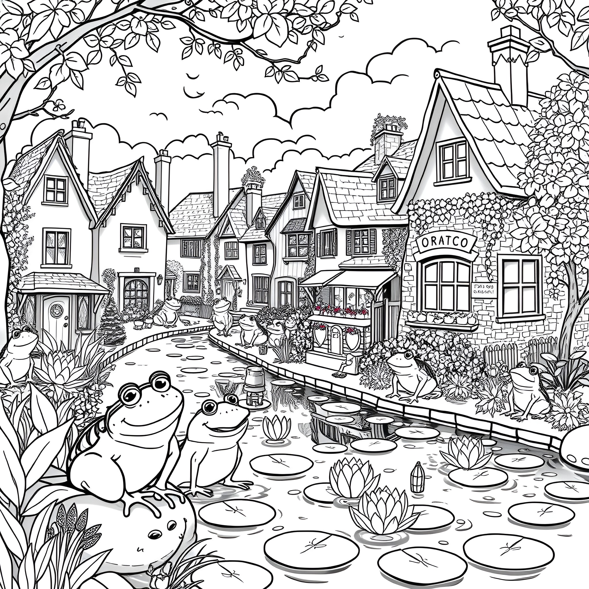 Frogs Enjoying a Picturesque Town by the Pond Coloring Page (free black-and-white line drawing printable PDF for all, from beginners to advanced learners, including children, teens, adults, and seniors)