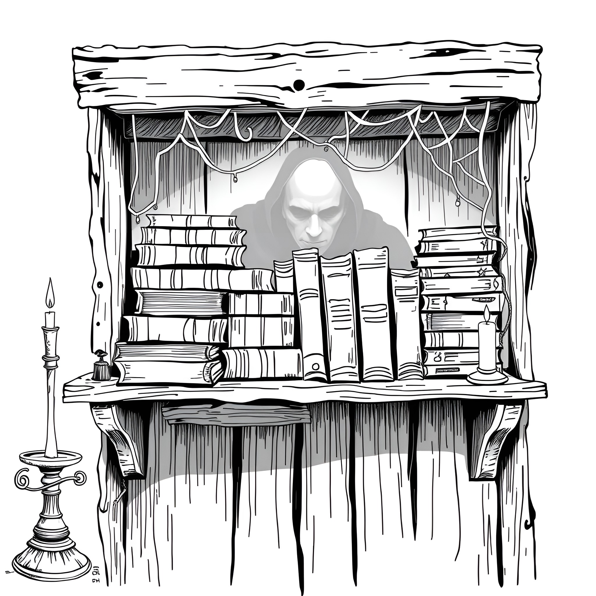 Horror Book Featuring a Shadowy Figure Surrounded by Books Coloring Page (free black-and-white line drawing printable PDF for all, from beginners to advanced learners, including children, teens, adults, and seniors)