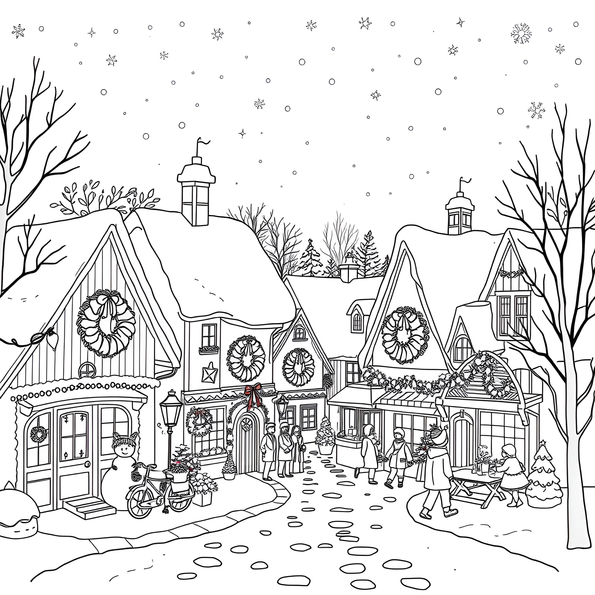 Christmas Village with Festive Decorations and Cheerful Townspeople Coloring Page (free black-and-white line drawing printable PDF for all, from beginners to advanced learners, including children, teens, adults, and seniors)