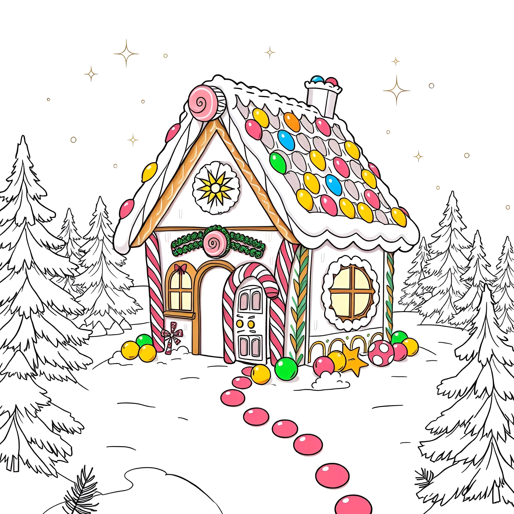 Gingerbread House with Colorful Decorations in Snowy Forest Coloring Page (free black-and-white line drawing printable PDF for all, from beginners to advanced learners, including children, teens, adults, and seniors)