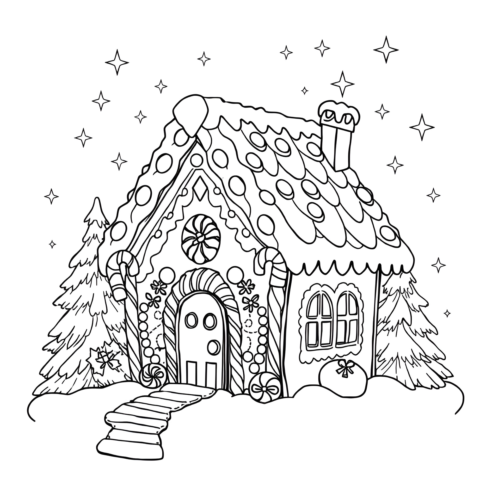 Gingerbread House with Whimsical Details and Snowy Surroundings Coloring Page (free black-and-white line drawing printable PDF for all, from beginners to advanced learners, including children, teens, adults, and seniors)
