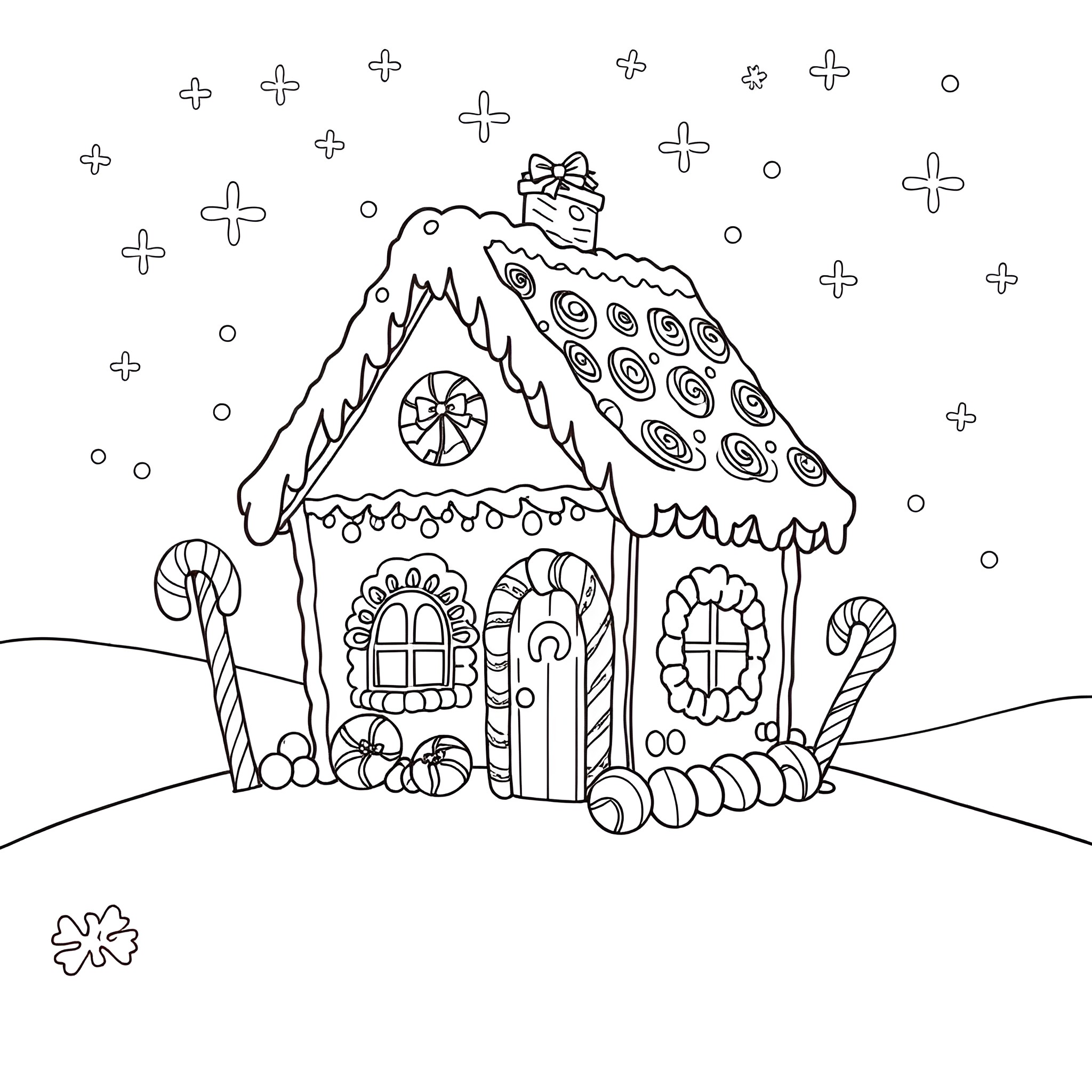Gingerbread House with Intricate Designs and Decorations Coloring Page (free black-and-white line drawing printable PDF for all, from beginners to advanced learners, including children, teens, adults, and seniors)