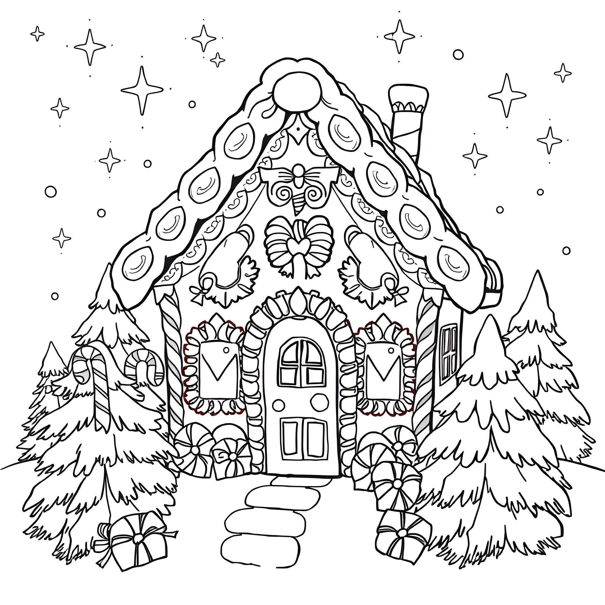 Gingerbread House with Decorative Patterns and Snowy Landscape Coloring Page (free black-and-white line drawing printable PDF for all, from beginners to advanced learners, including children, teens, adults, and seniors)