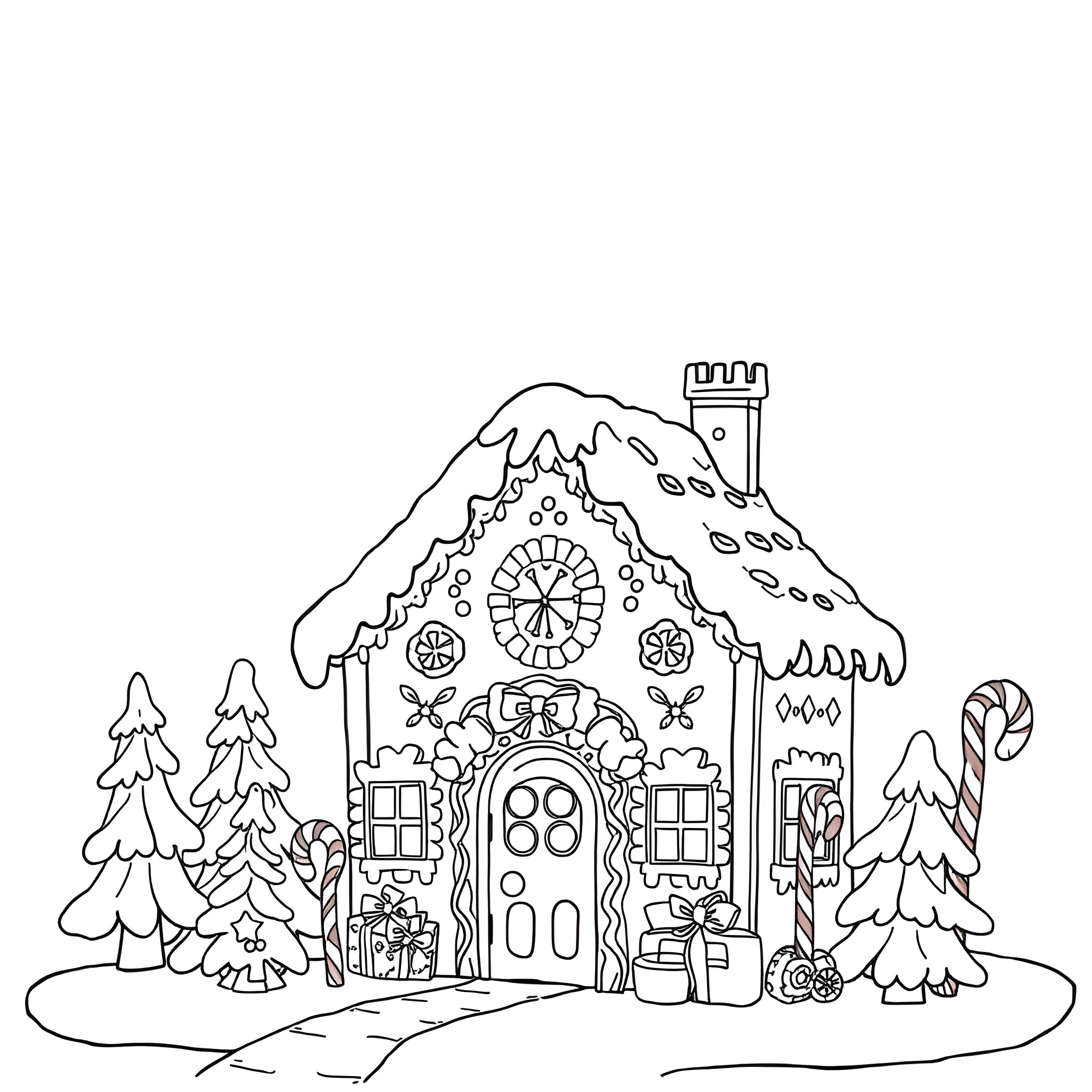 Gingerbread House with Festive Decorations and Snowy Landscape Coloring Page (free black-and-white line drawing printable PDF for all, from beginners to advanced learners, including children, teens, adults, and seniors)