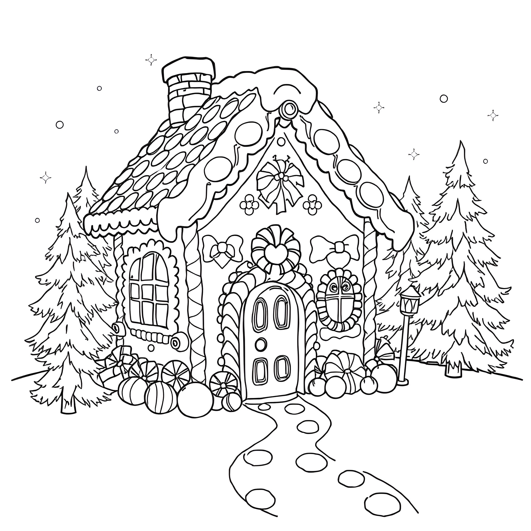 Gingerbread House Decorated with Ornaments and Winter Scenery Coloring Page (free black-and-white line drawing printable PDF for all, from beginners to advanced learners, including children, teens, adults, and seniors)