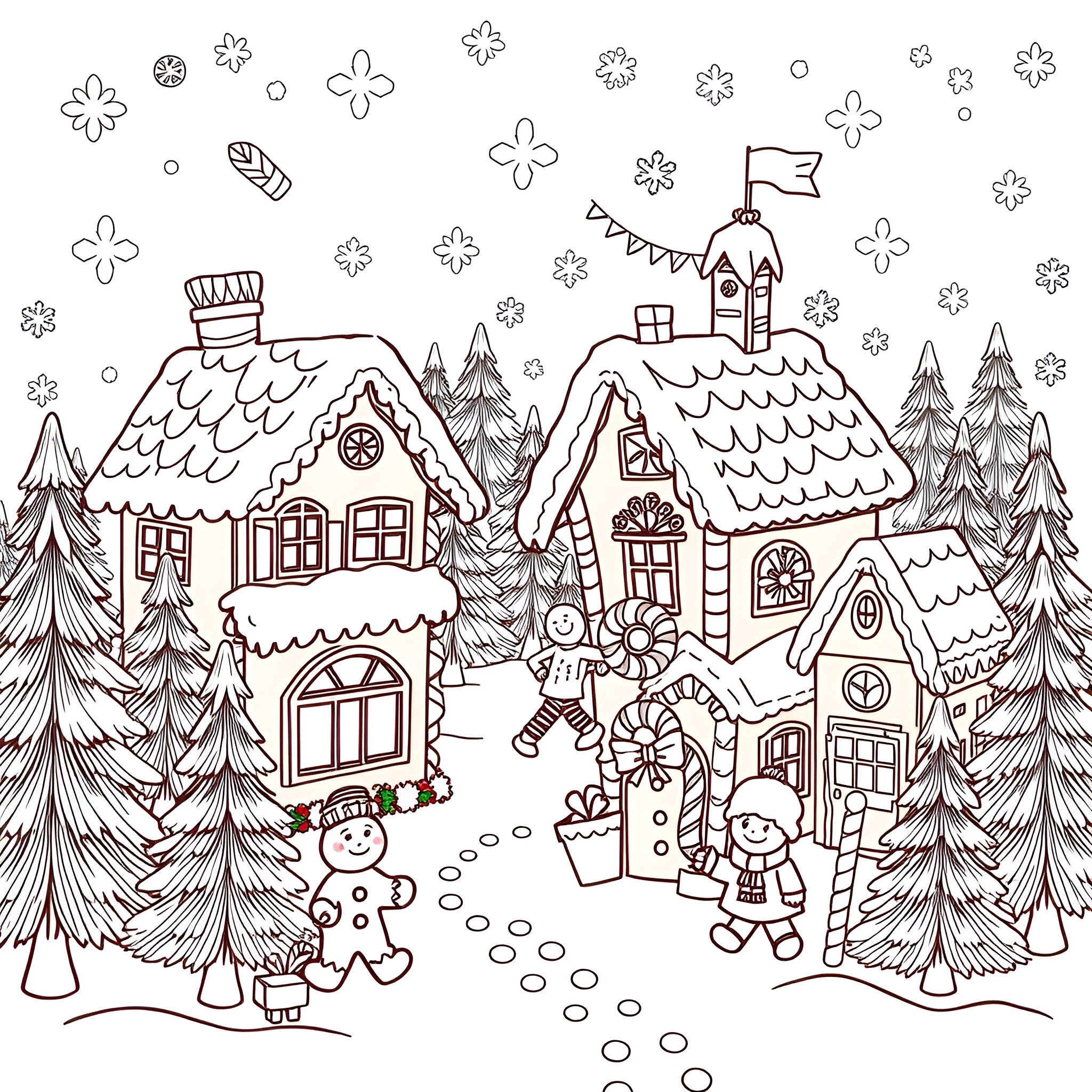 Gingerbread House with Festive Decorations and Children Coloring Page (free black-and-white line drawing printable PDF for all, from beginners to advanced learners, including children, teens, adults, and seniors)