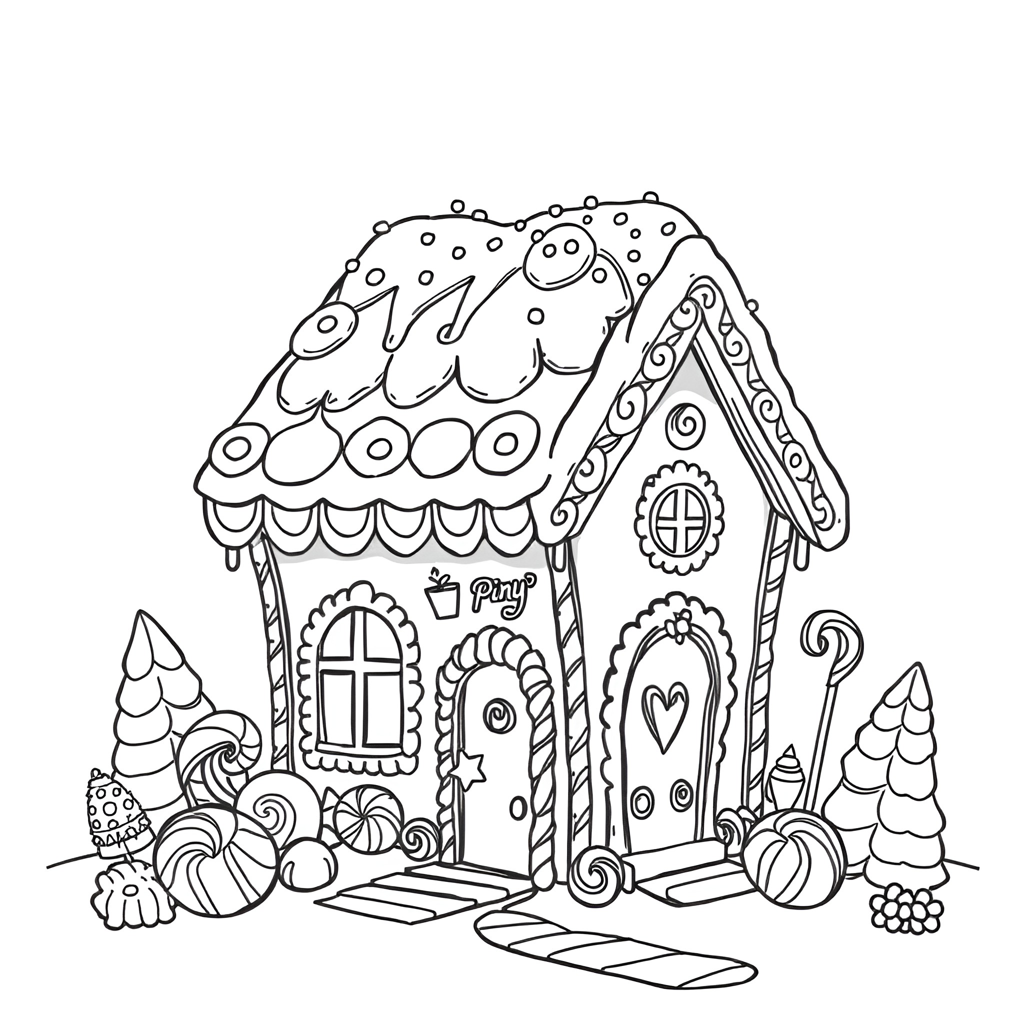 Gingerbread House with whimsical decorations and details Coloring Page (free black-and-white line drawing printable PDF for all, from beginners to advanced learners, including children, teens, adults, and seniors)