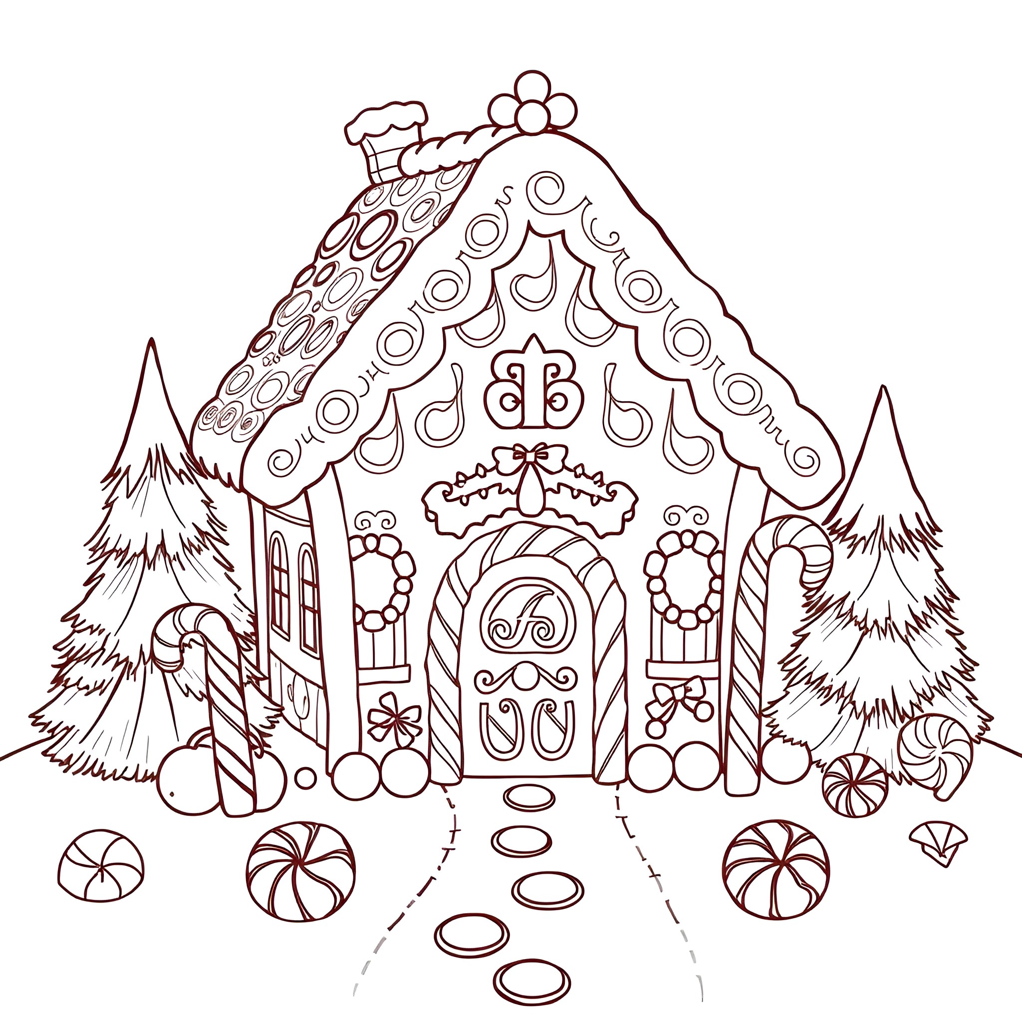 Gingerbread House with Whimsical Decorations and Snow-Covered Landscape Coloring Page (free black-and-white line drawing printable PDF for all, from beginners to advanced learners, including children, teens, adults, and seniors)