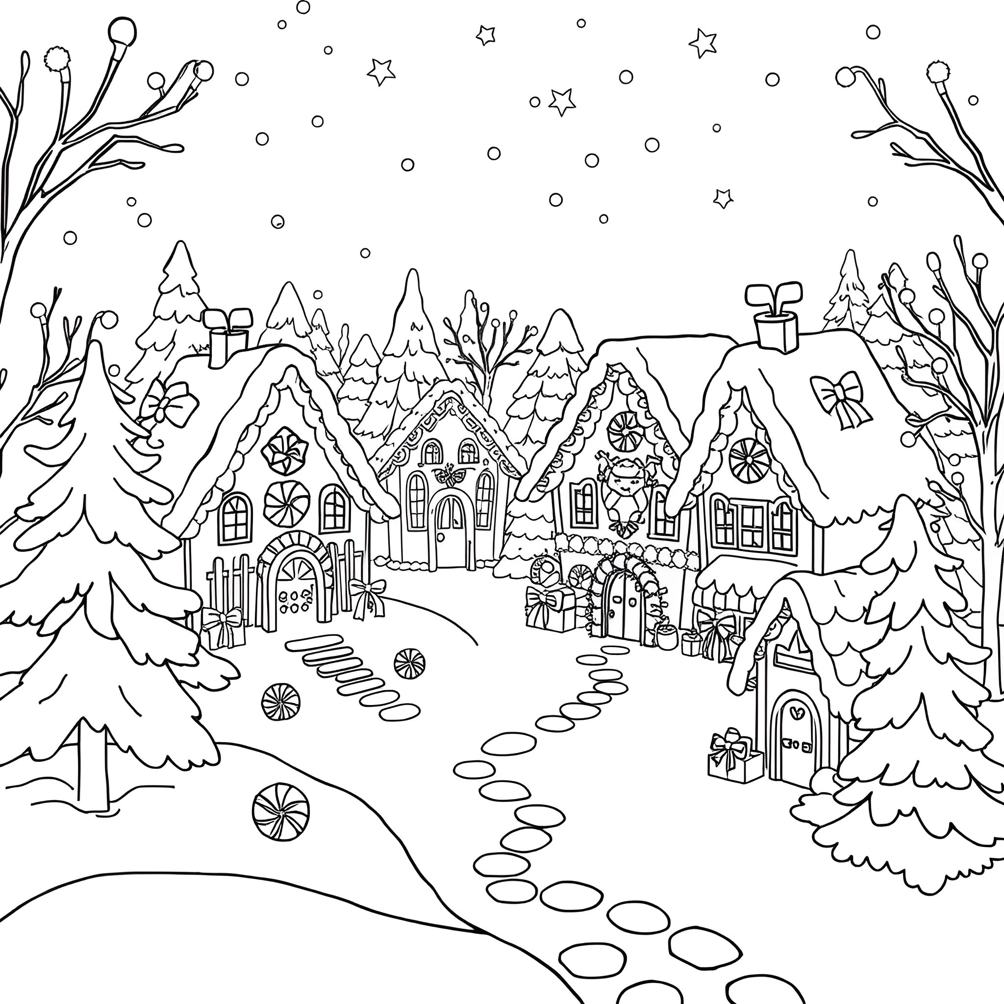 Gingerbread House Scene with Winter Wonderland Landscape Coloring Page (free black-and-white line drawing printable PDF for all, from beginners to advanced learners, including children, teens, adults, and seniors)