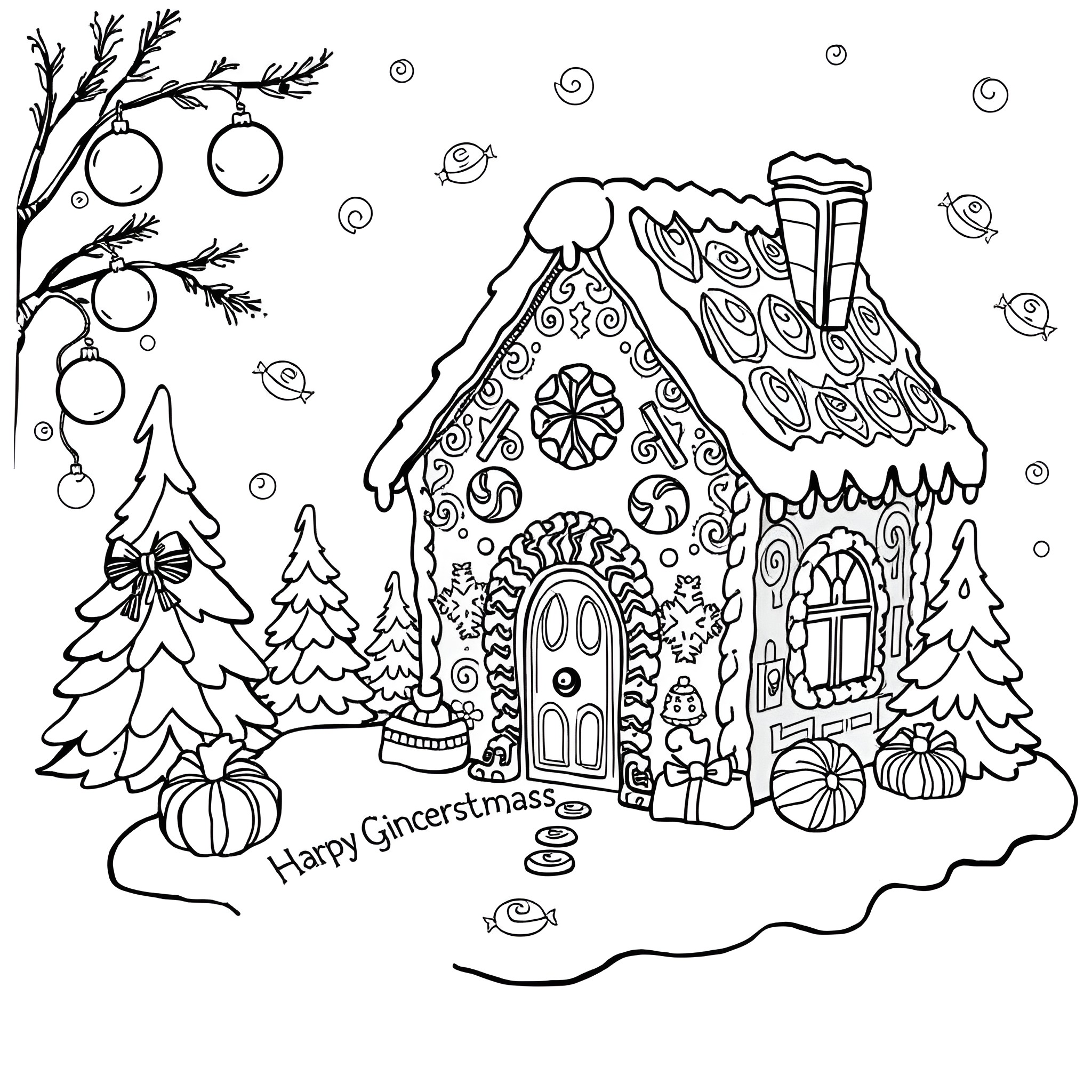 Gingerbread House with Decorative Details and Winter Landscape Coloring Page (free black-and-white line drawing printable PDF for all, from beginners to advanced learners, including children, teens, adults, and seniors)