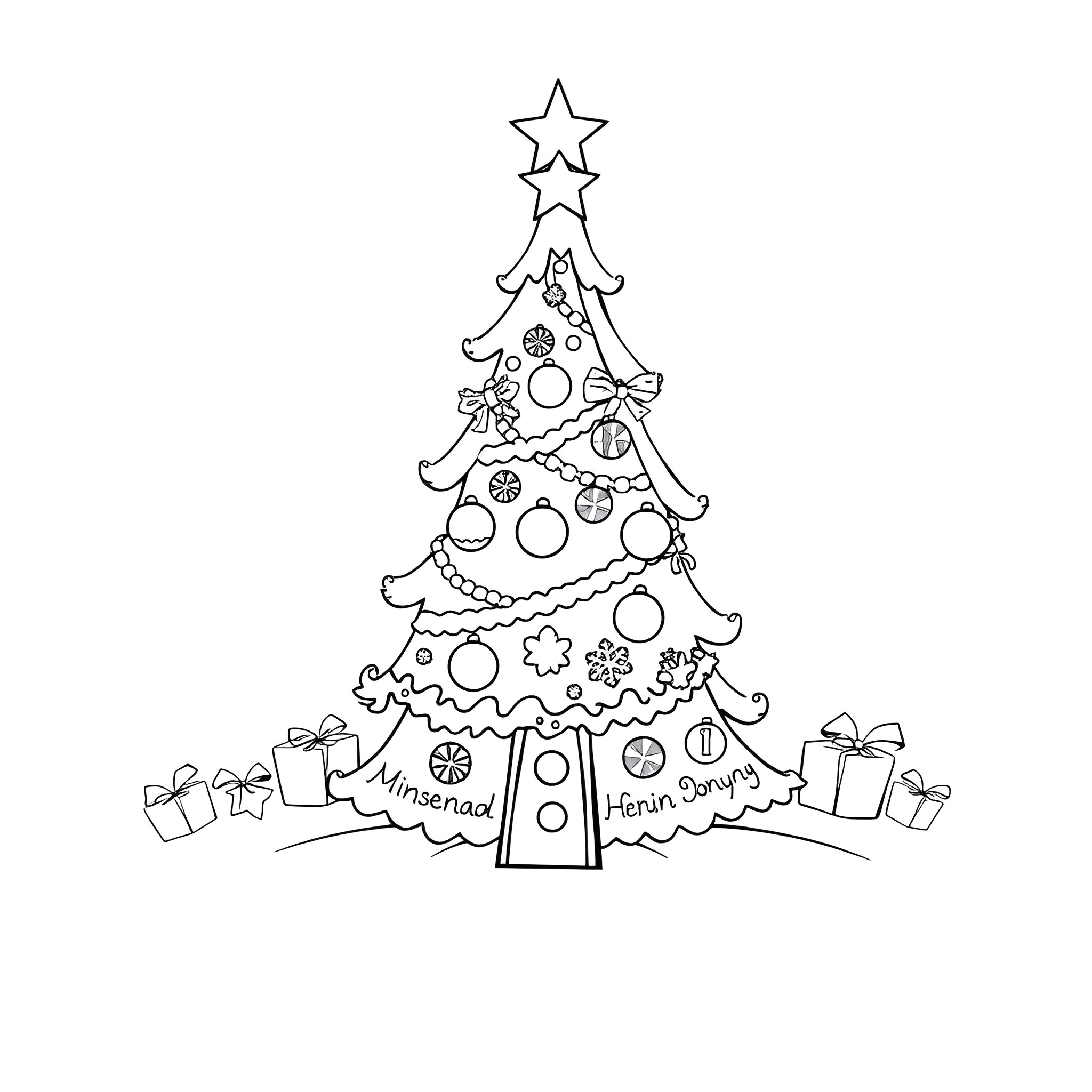 Gingerbread Christmas Tree with Decorations and Presents Coloring Page (free black-and-white line drawing printable PDF for all, from beginners to advanced learners, including children, teens, adults, and seniors)