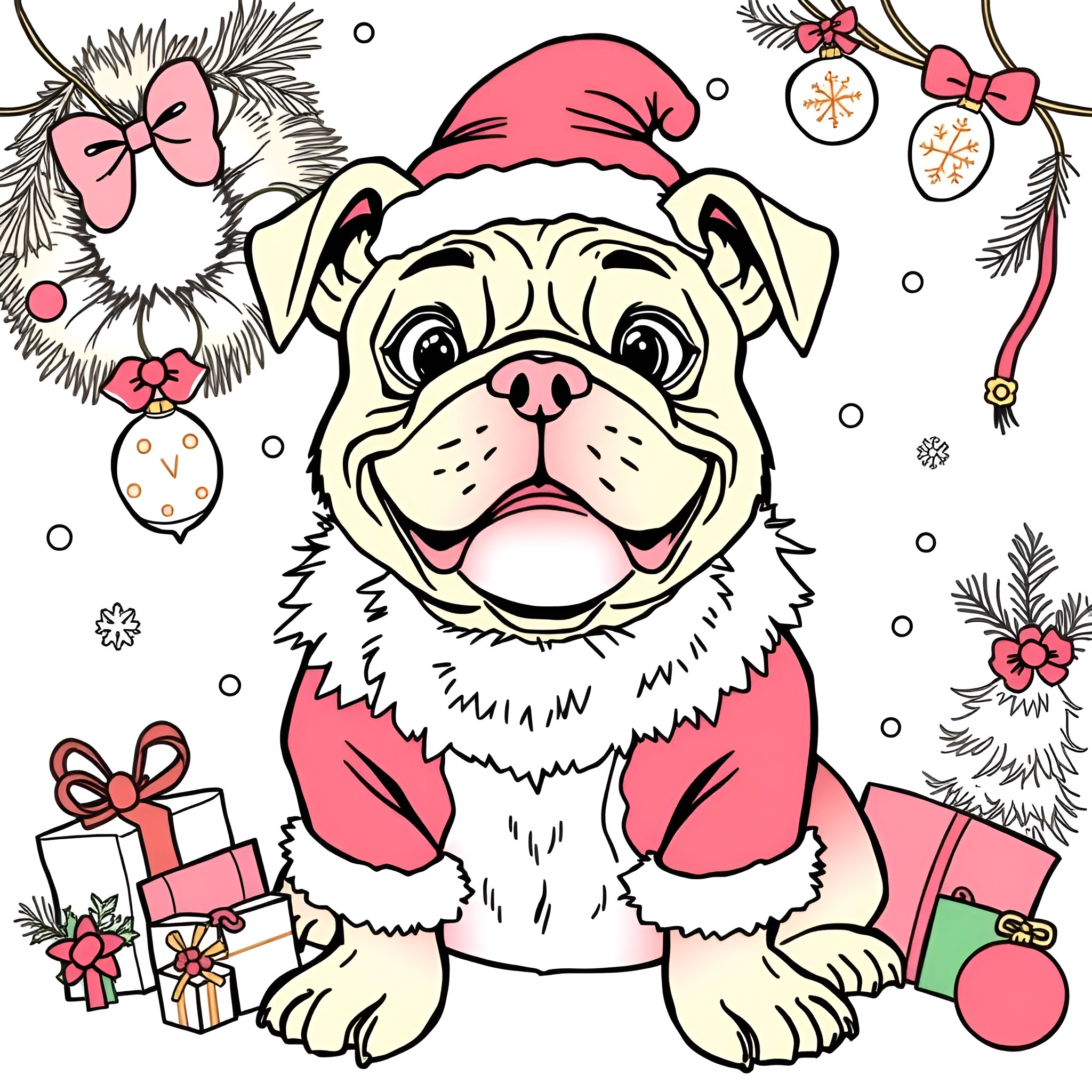 Bulldog in festive Christmas attire Coloring Page (free black-and-white line drawing printable PDF for all, from beginners to advanced learners, including children, teens, adults, and seniors)