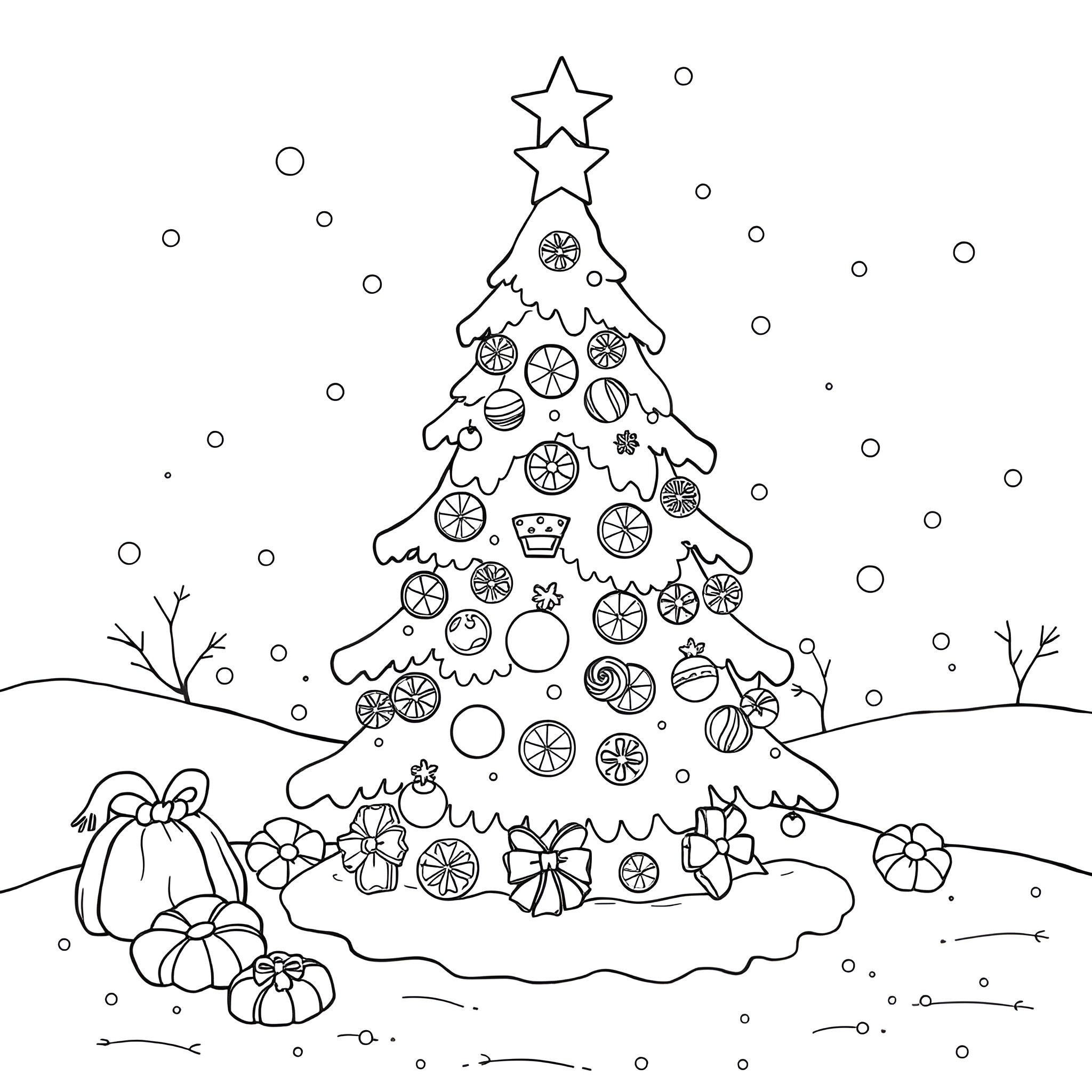 Gingerbread Christmas tree with ornaments and presents Coloring Page (free black-and-white line drawing printable PDF for all, from beginners to advanced learners, including children, teens, adults, and seniors)