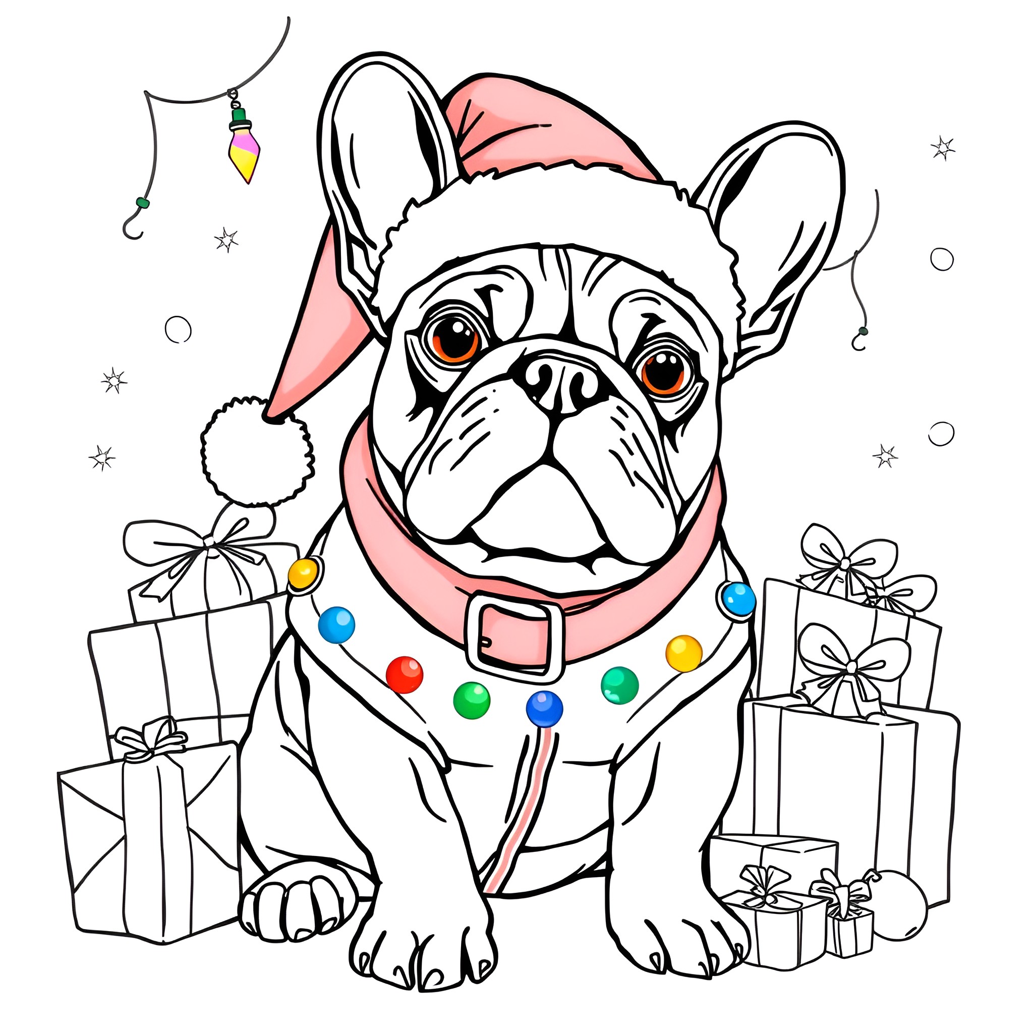 French Bulldog wearing Santa hat with presents Coloring Page (free black-and-white line drawing printable PDF for all, from beginners to advanced learners, including children, teens, adults, and seniors)