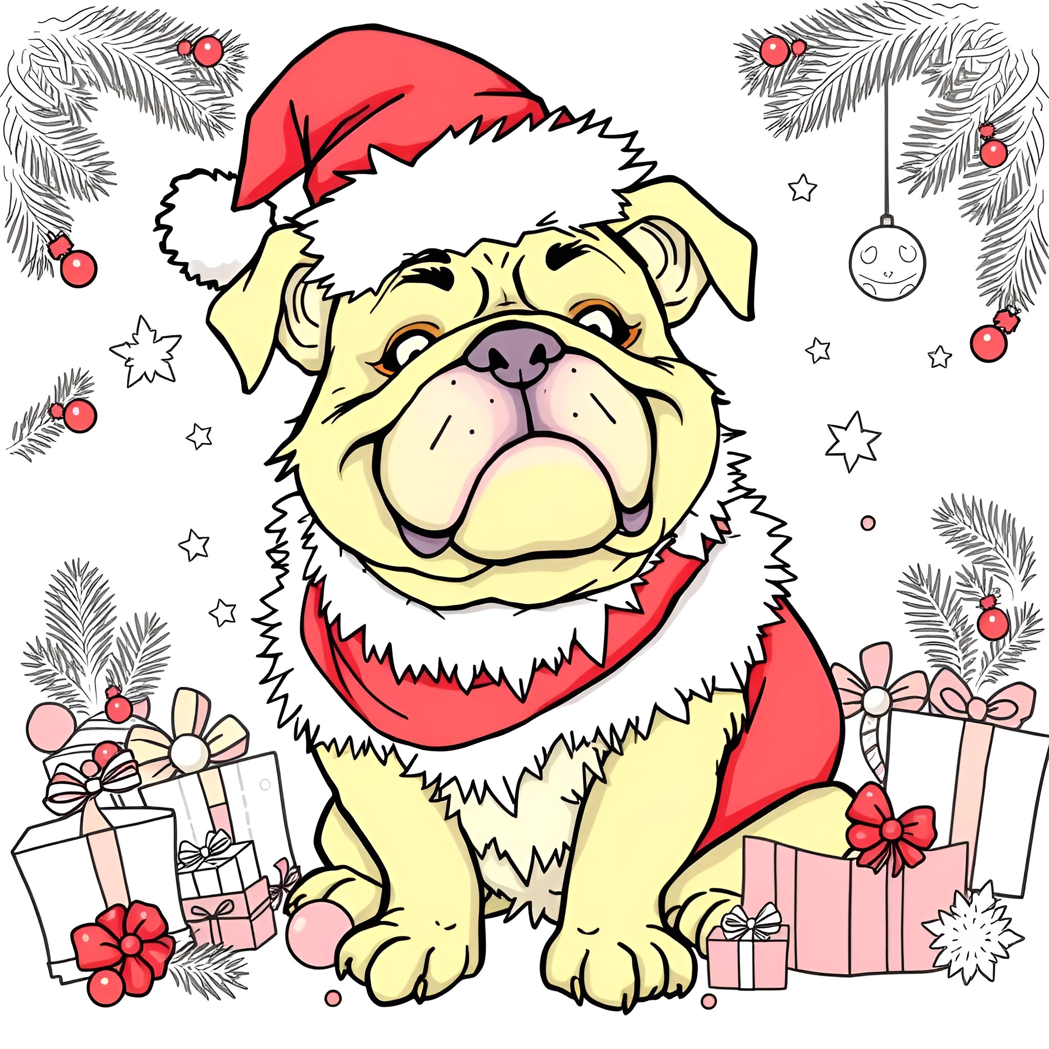Bulldog dressed up in a Santa hat with Christmas decorations Coloring Page (free black-and-white line drawing printable PDF for all, from beginners to advanced learners, including children, teens, adults, and seniors)