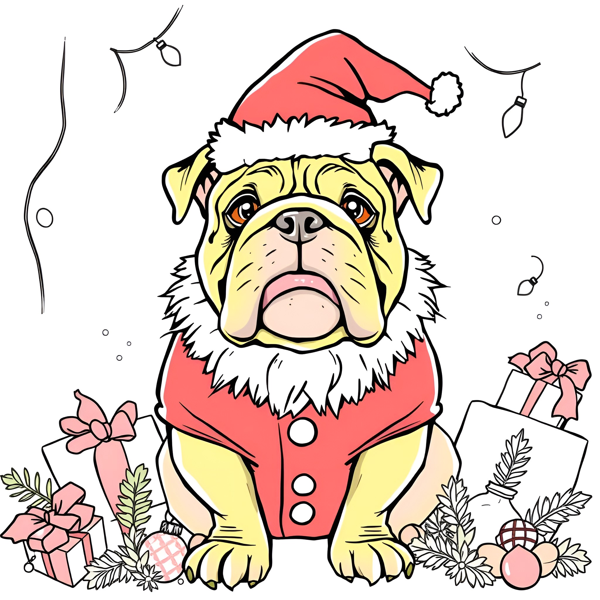 Bulldog in a Santa Claus costume with Christmas gifts Coloring Page (free black-and-white line drawing printable PDF for all, from beginners to advanced learners, including children, teens, adults, and seniors)