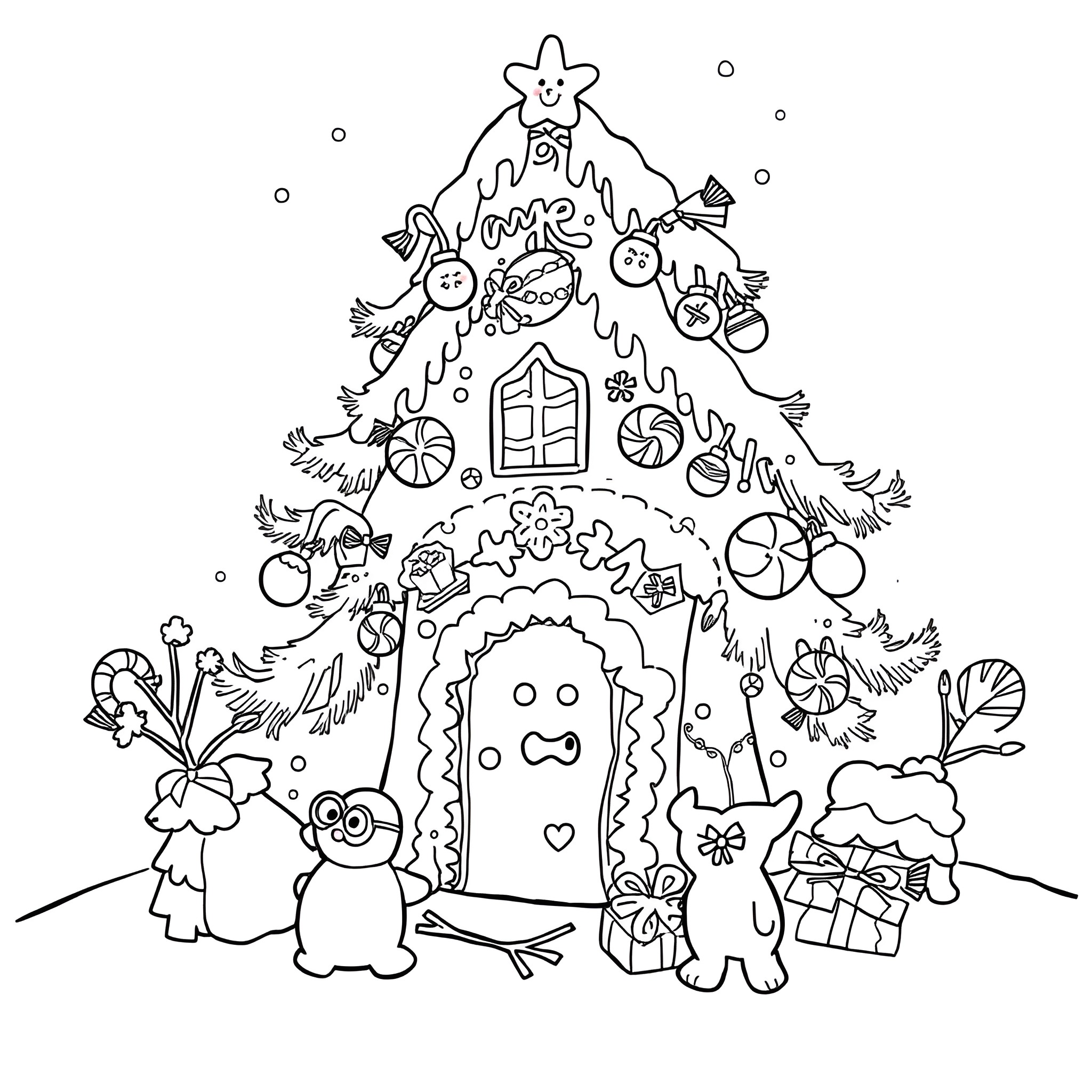 Gingerbread friends celebrate Christmas around festive tree Coloring Page (free black-and-white line drawing printable PDF for all, from beginners to advanced learners, including children, teens, adults, and seniors)