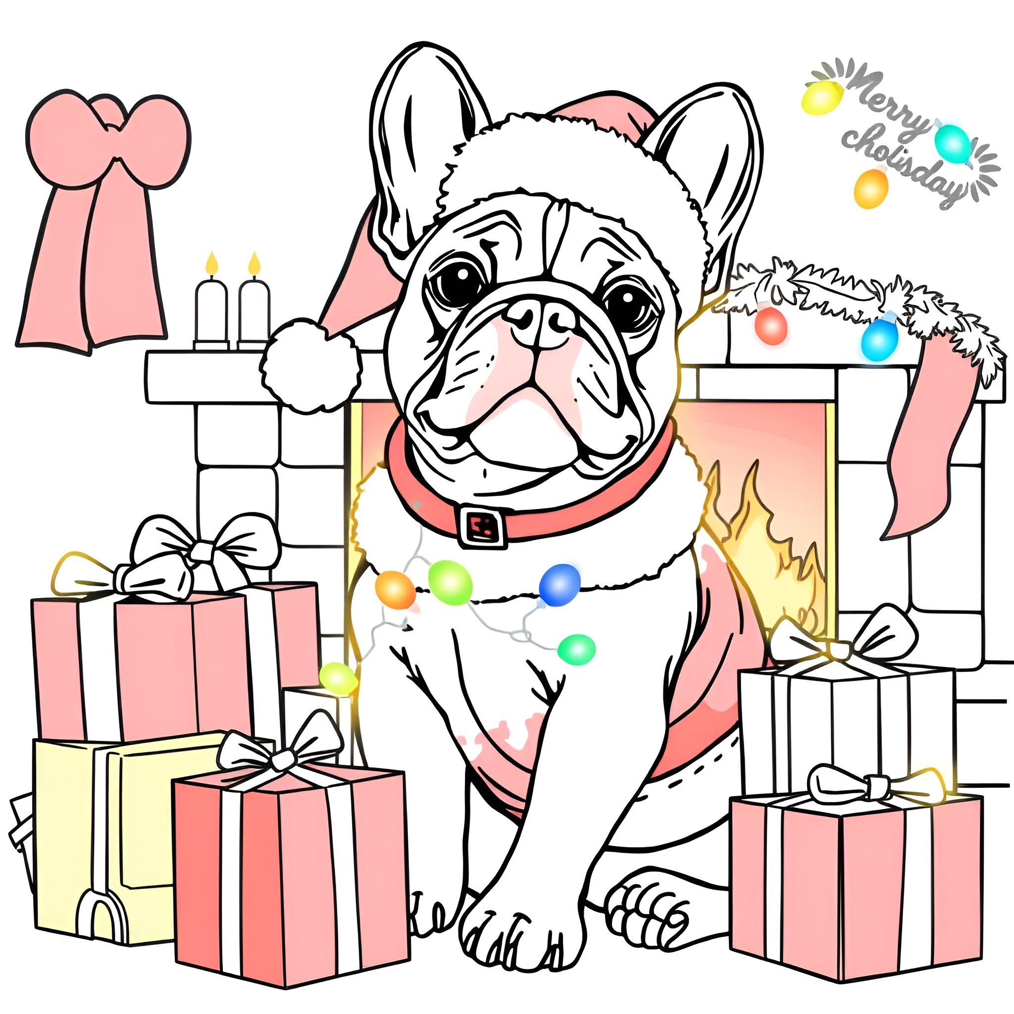 French Bulldog celebrating with gifts and decorations Coloring Page (free black-and-white line drawing printable PDF for all, from beginners to advanced learners, including children, teens, adults, and seniors)