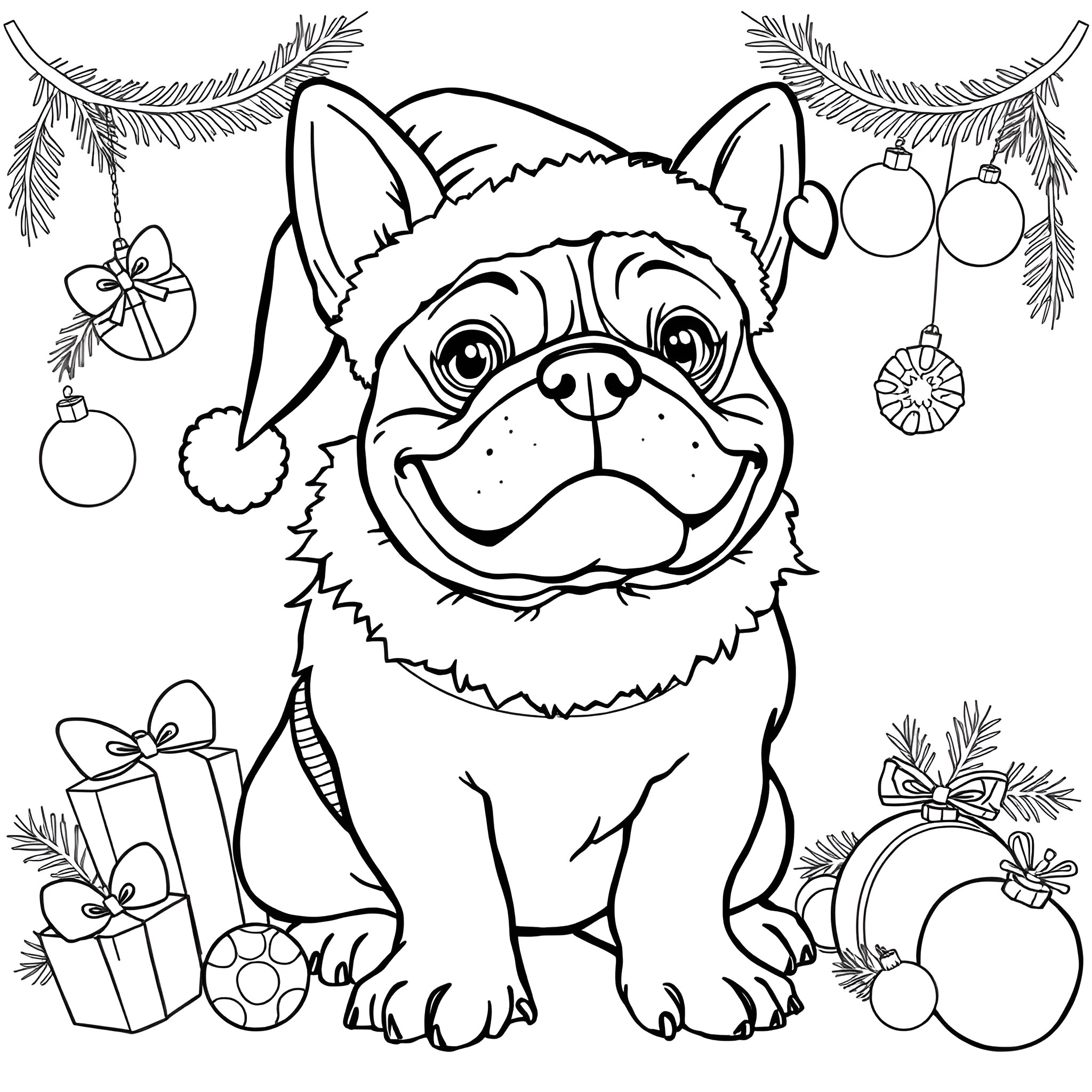 Bulldog in Santa hat surrounded by Christmas decorations Coloring Page (free black-and-white line drawing printable PDF for all, from beginners to advanced learners, including children, teens, adults, and seniors)