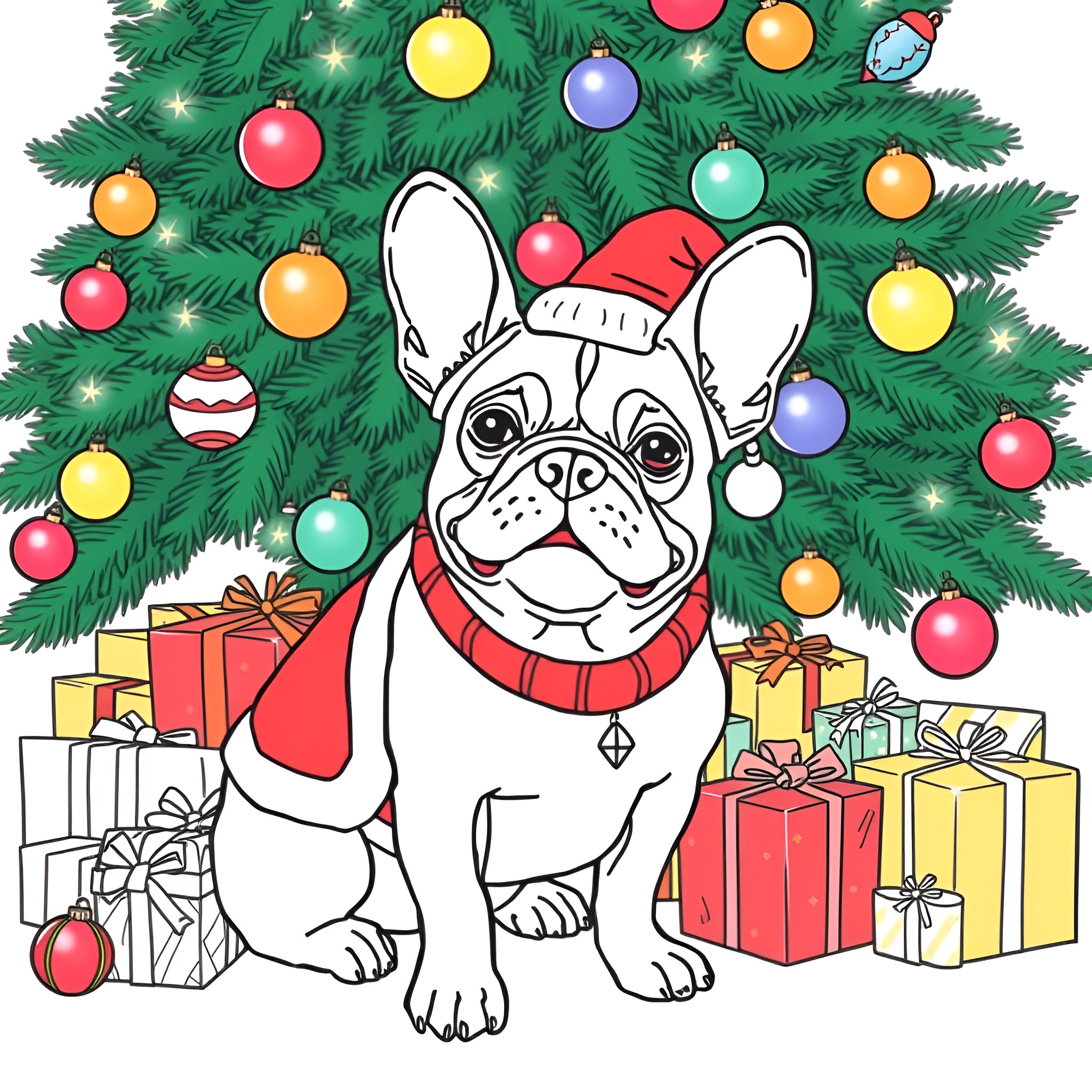 French Bulldog Celebrating Christmas with Gifts and Ornaments Coloring Page (free black-and-white line drawing printable PDF for all, from beginners to advanced learners, including children, teens, adults, and seniors)