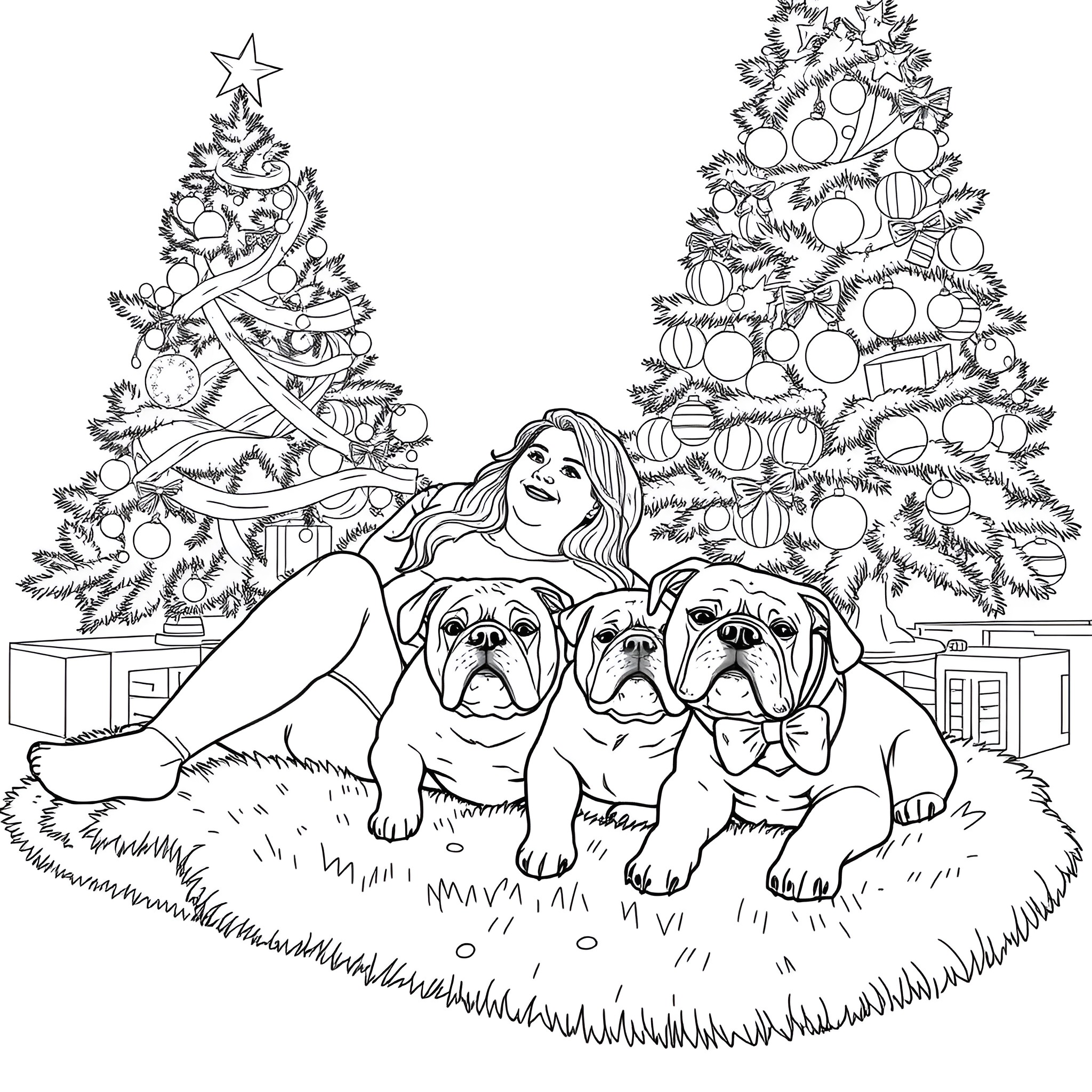 Woman with dogs enjoying the Christmas tree Coloring Page (free black-and-white line drawing printable PDF for all, from beginners to advanced learners, including children, teens, adults, and seniors)