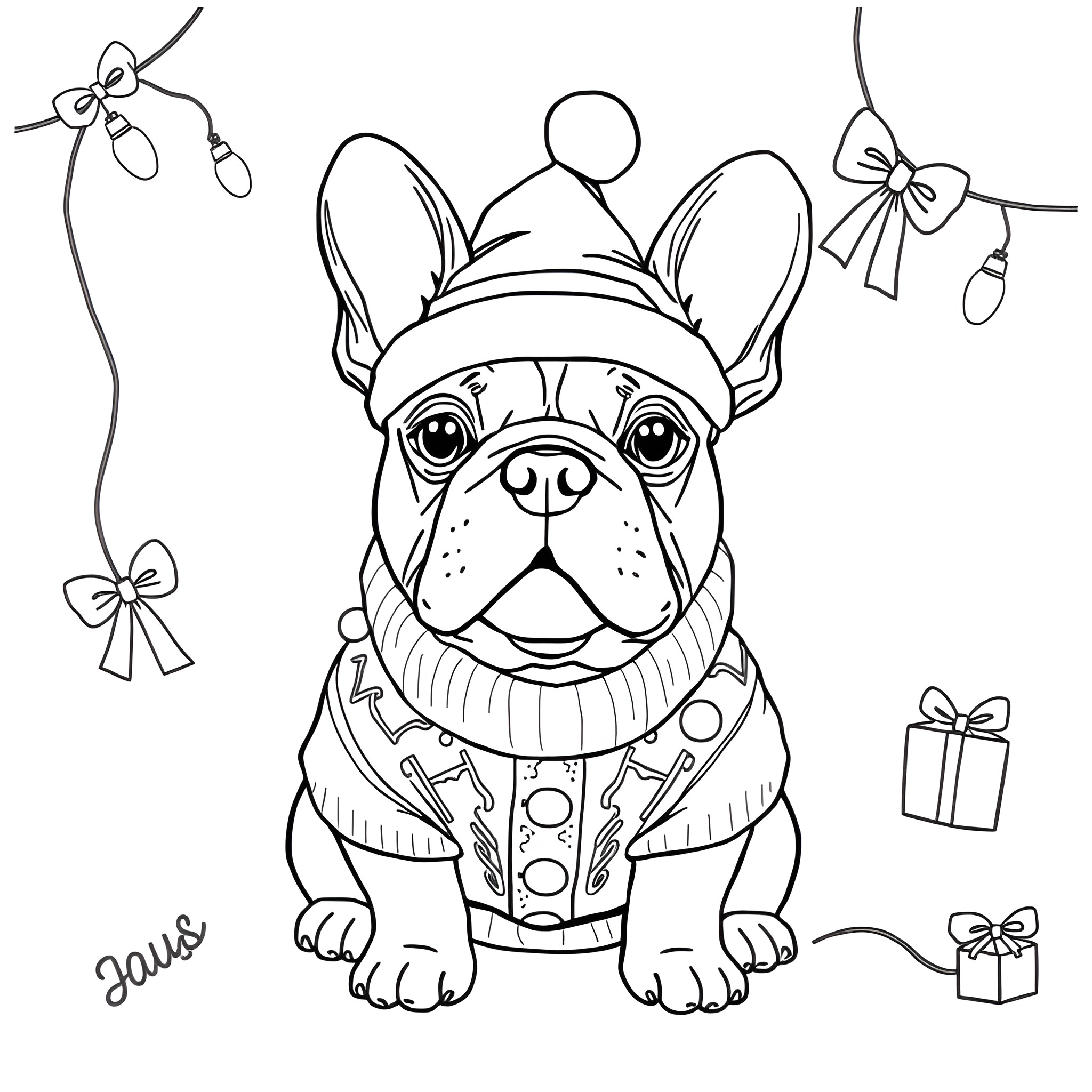 French Bulldog wearing festive hat and sweater Coloring Page (free black-and-white line drawing printable PDF for all, from beginners to advanced learners, including children, teens, adults, and seniors)