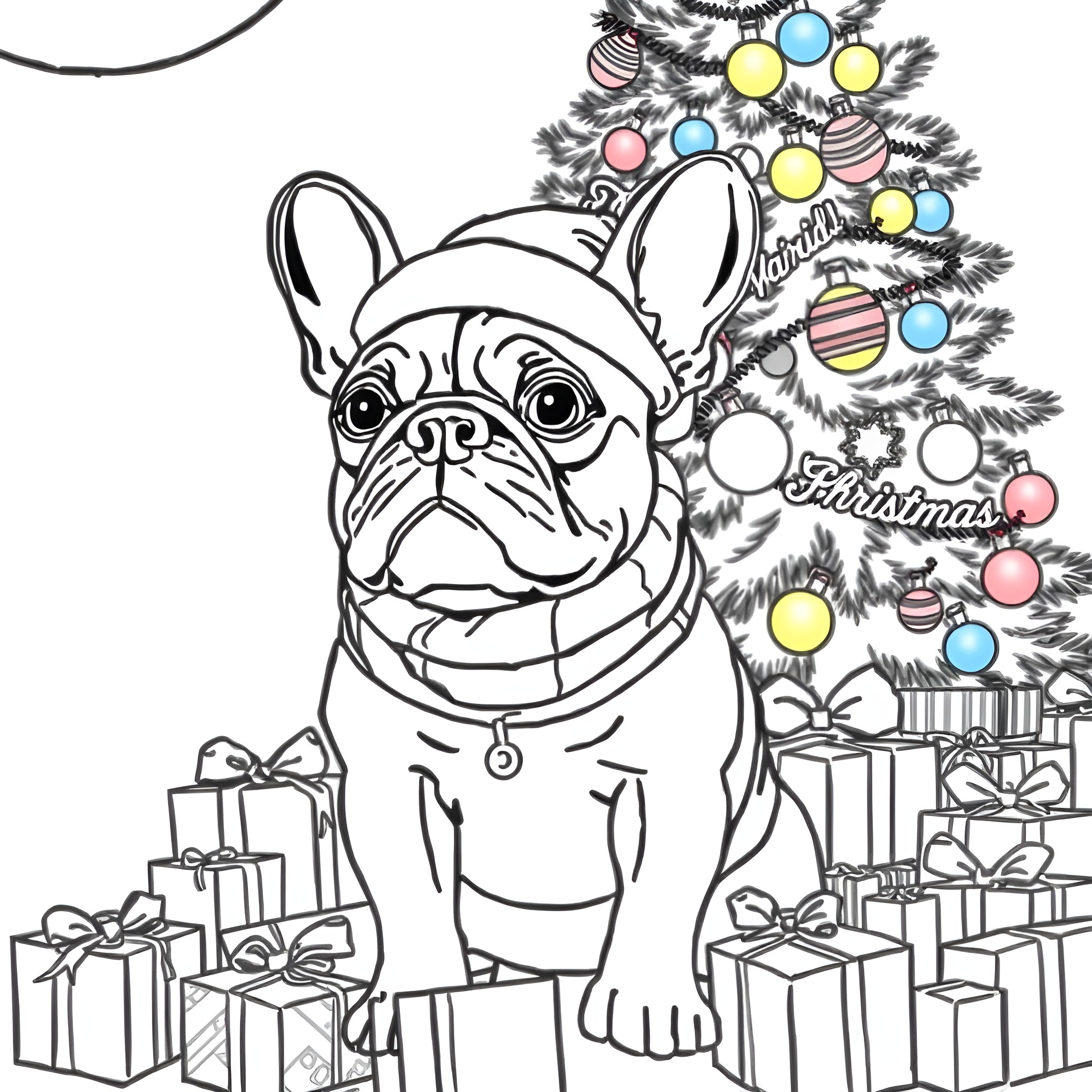 French Bulldog enjoying Christmas festivities Coloring Page (free black-and-white line drawing printable PDF for all, from beginners to advanced learners, including children, teens, adults, and seniors)