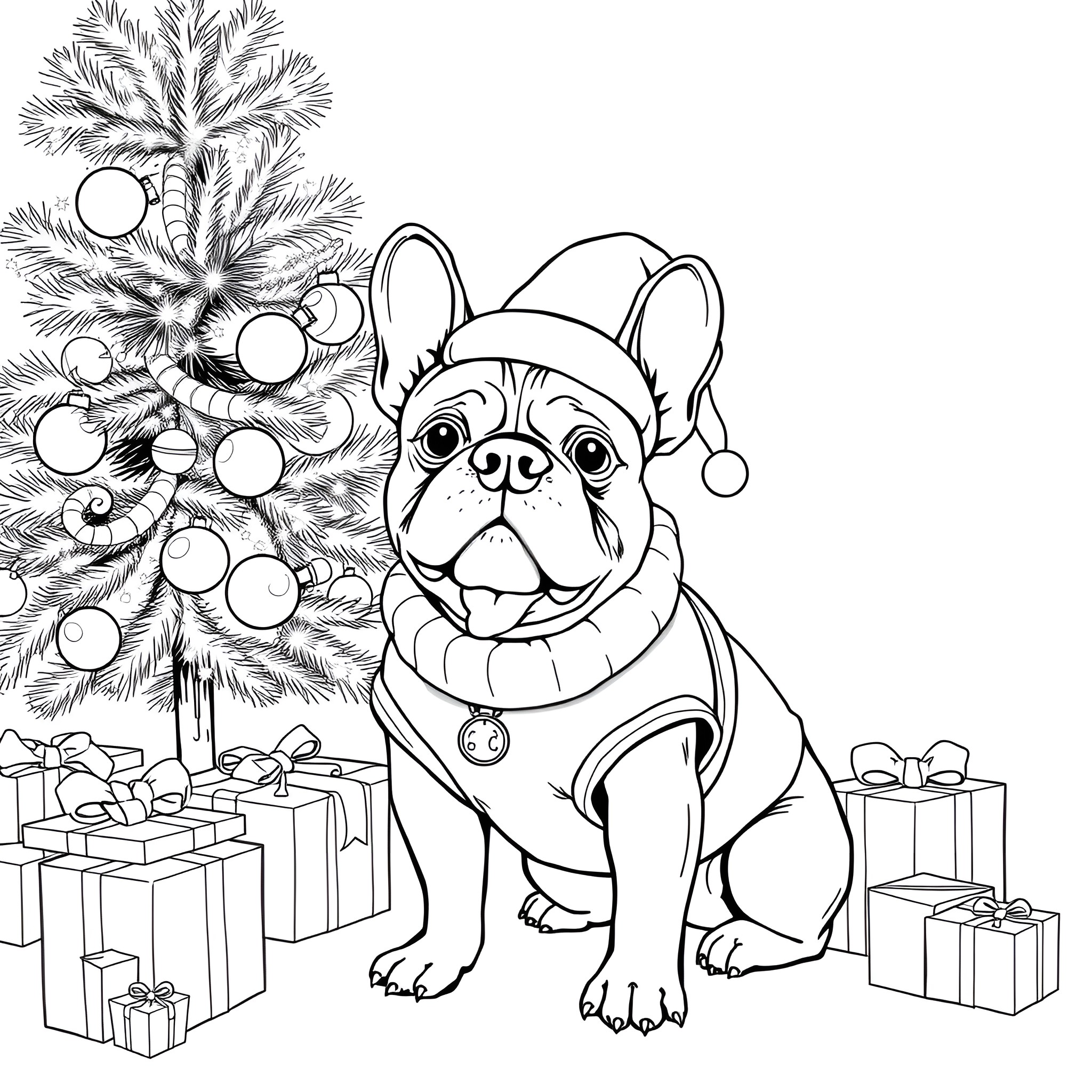 French Bulldog with Christmas tree and gifts Coloring Page (free black-and-white line drawing printable PDF for all, from beginners to advanced learners, including children, teens, adults, and seniors)