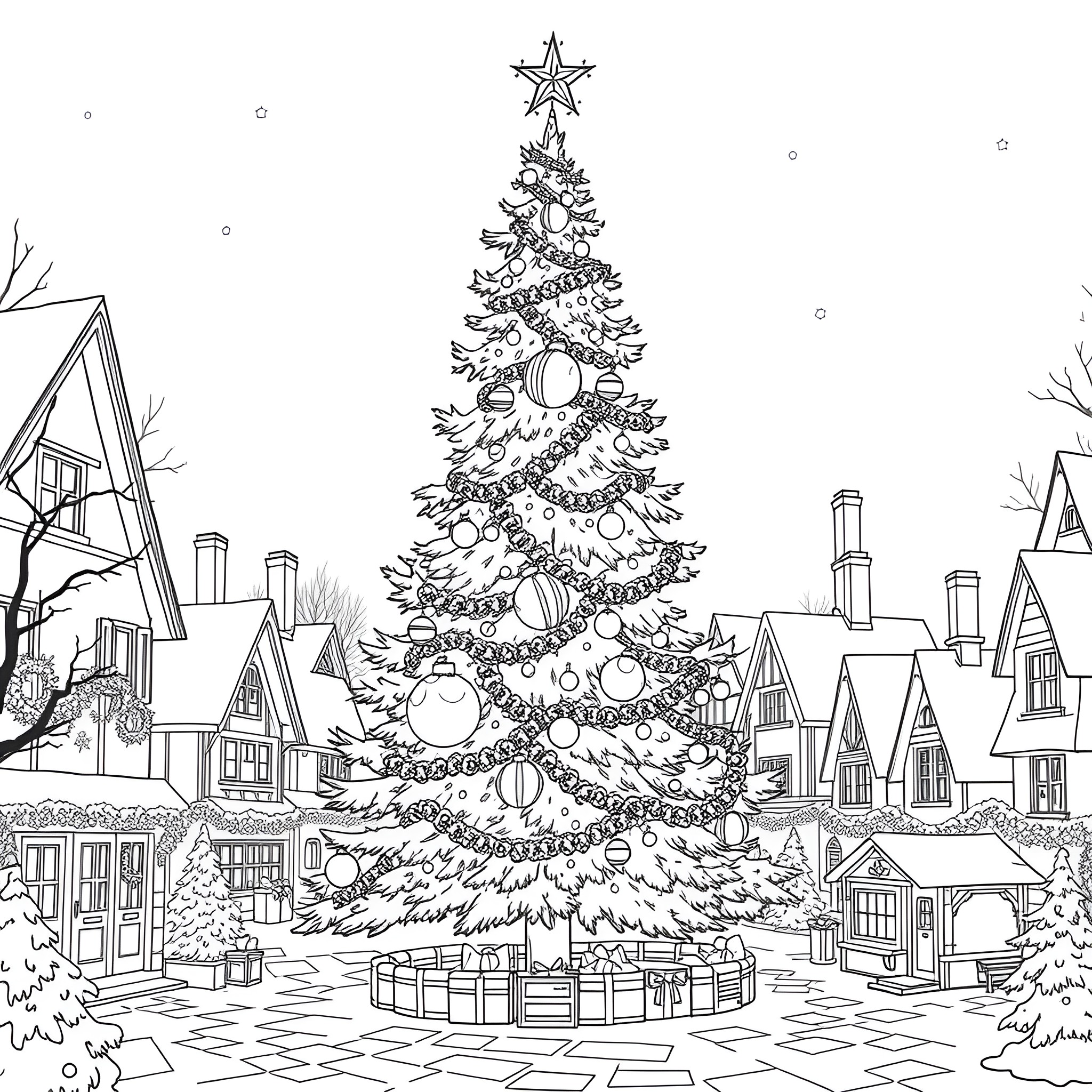 Christmas Tree in a Festive Town Coloring Page (free black-and-white line drawing printable PDF for all, from beginners to advanced learners, including children, teens, adults, and seniors)
