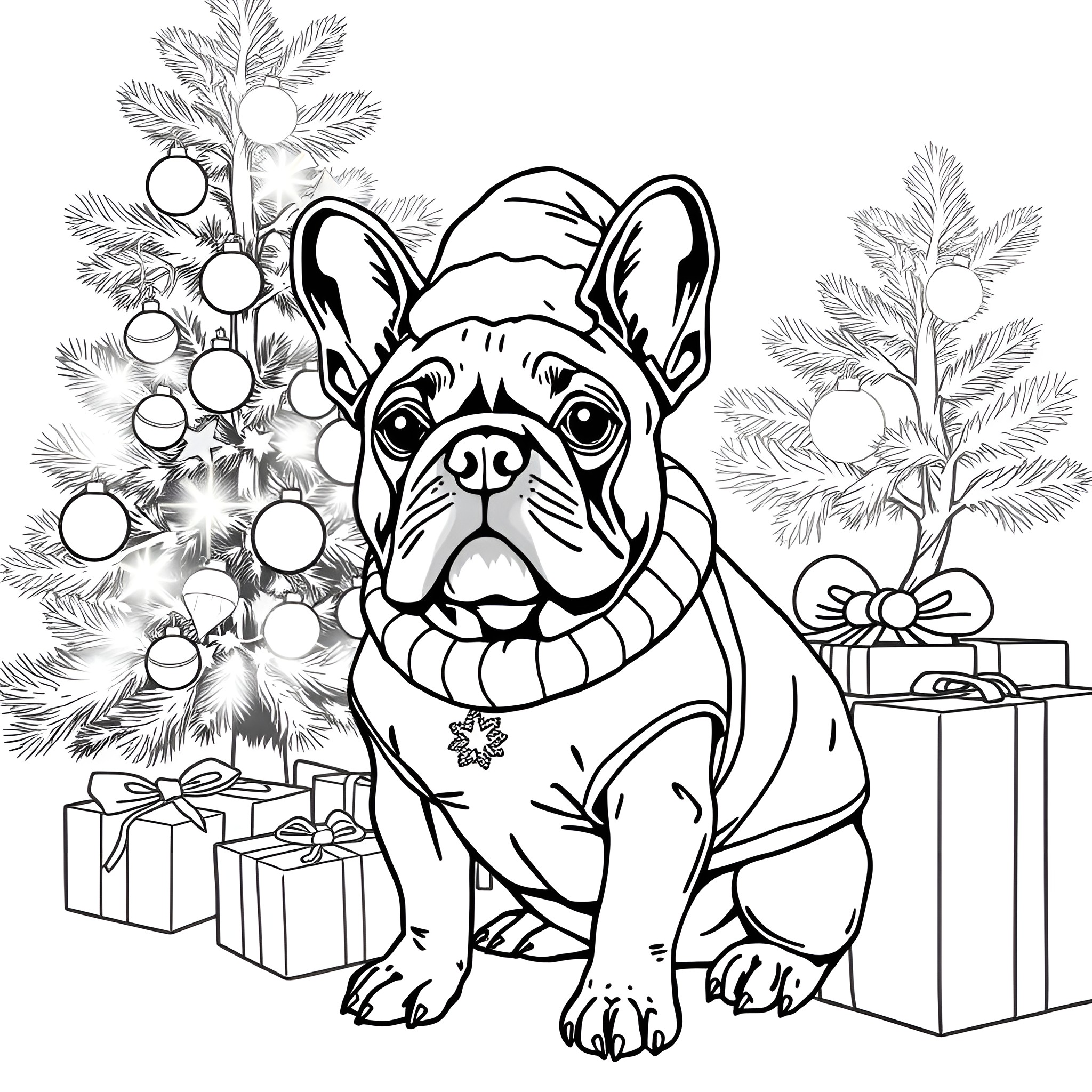 French Bulldog posing by Christmas tree and presents Coloring Page (free black-and-white line drawing printable PDF for all, from beginners to advanced learners, including children, teens, adults, and seniors)