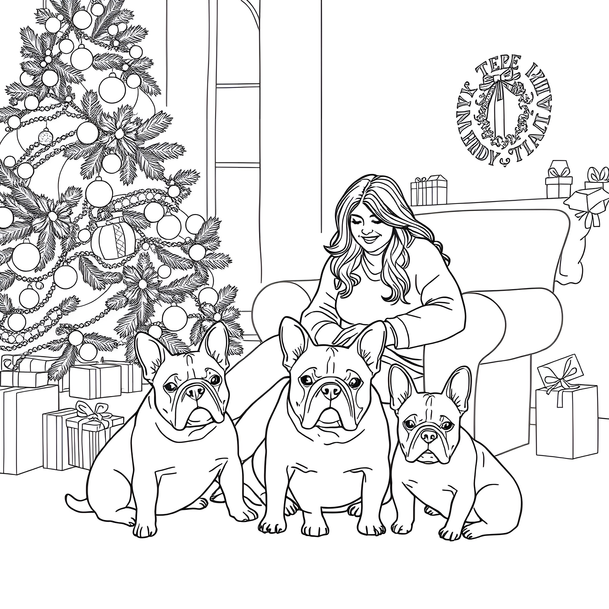 Woman relaxing with her French Bulldog companions on Christmas Coloring Page (free black-and-white line drawing printable PDF for all, from beginners to advanced learners, including children, teens, adults, and seniors)