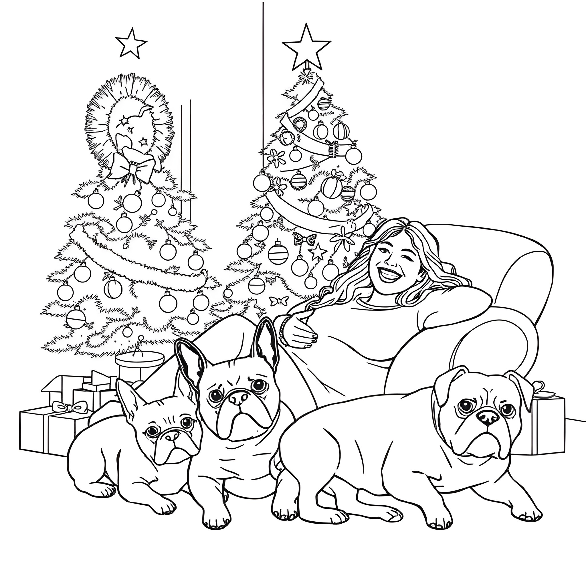 Woman enjoying Christmas with her pet dogs Coloring Page (free black-and-white line drawing printable PDF for all, from beginners to advanced learners, including children, teens, adults, and seniors)