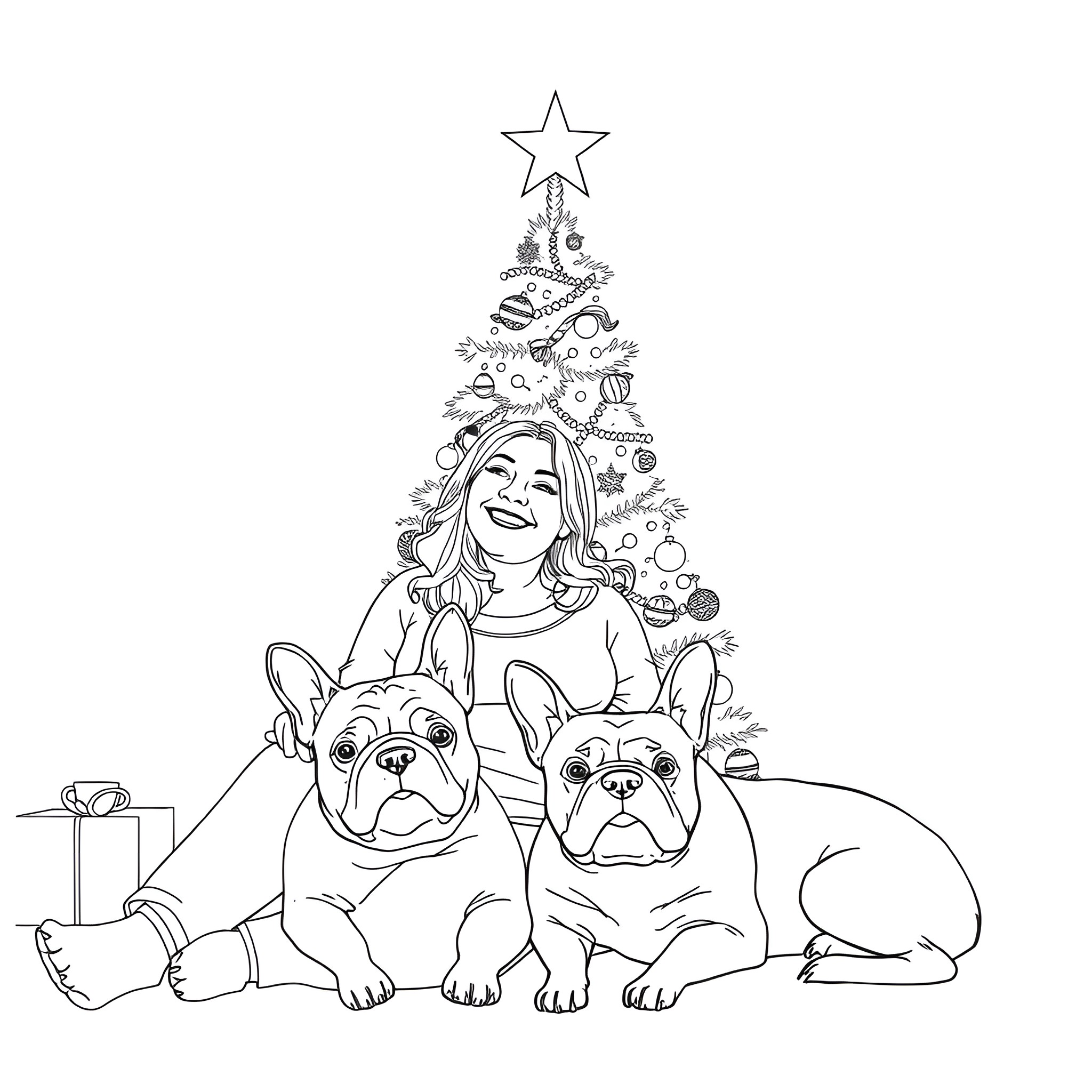Woman posing with two dogs in front of Christmas tree Coloring Page (free black-and-white line drawing printable PDF for all, from beginners to advanced learners, including children, teens, adults, and seniors)