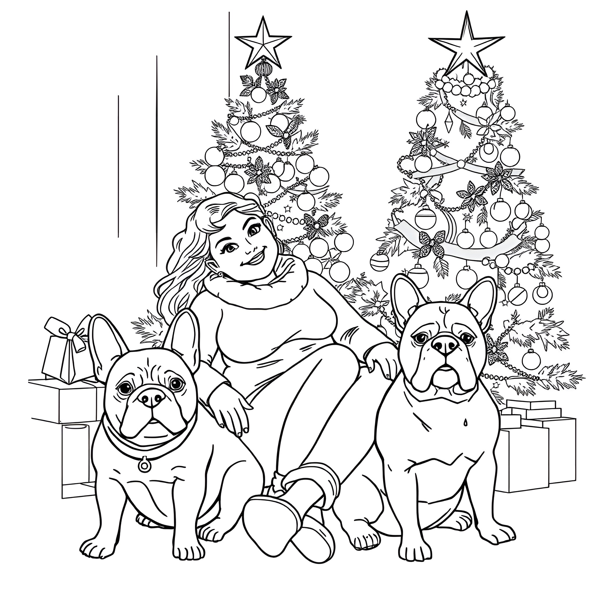 Woman with dogs celebrating Christmas near decorated tree Coloring Page (free black-and-white line drawing printable PDF for all, from beginners to advanced learners, including children, teens, adults, and seniors)