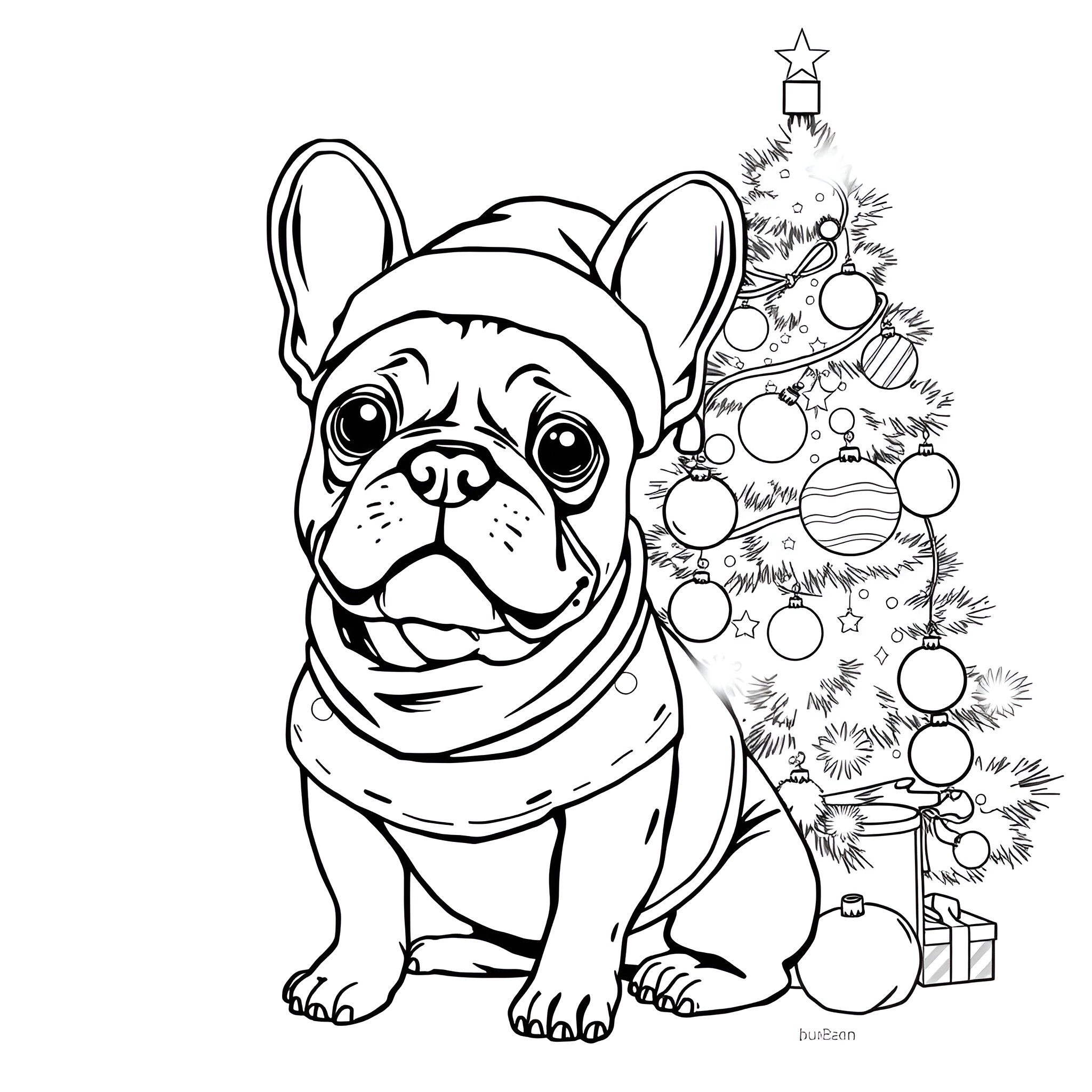 French Bulldog enjoying the Christmas spirit Coloring Page (free black-and-white line drawing printable PDF for all, from beginners to advanced learners, including children, teens, adults, and seniors)