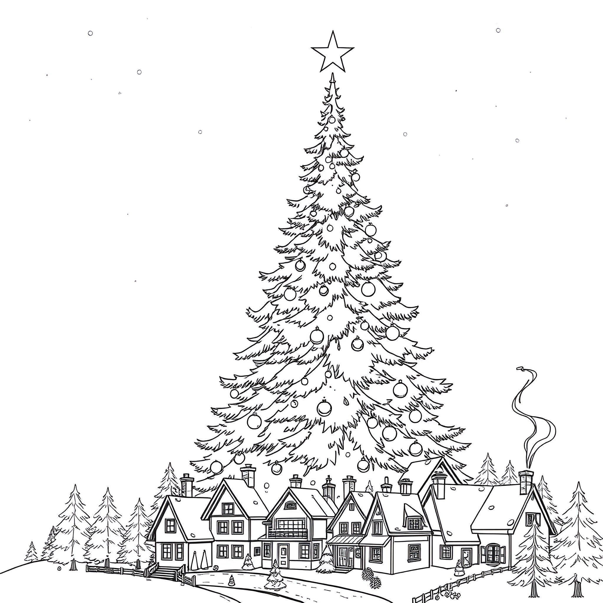 Christmas Tree Over Snowy Village Skyline Coloring Page (free black-and-white line drawing printable PDF for all, from beginners to advanced learners, including children, teens, adults, and seniors)